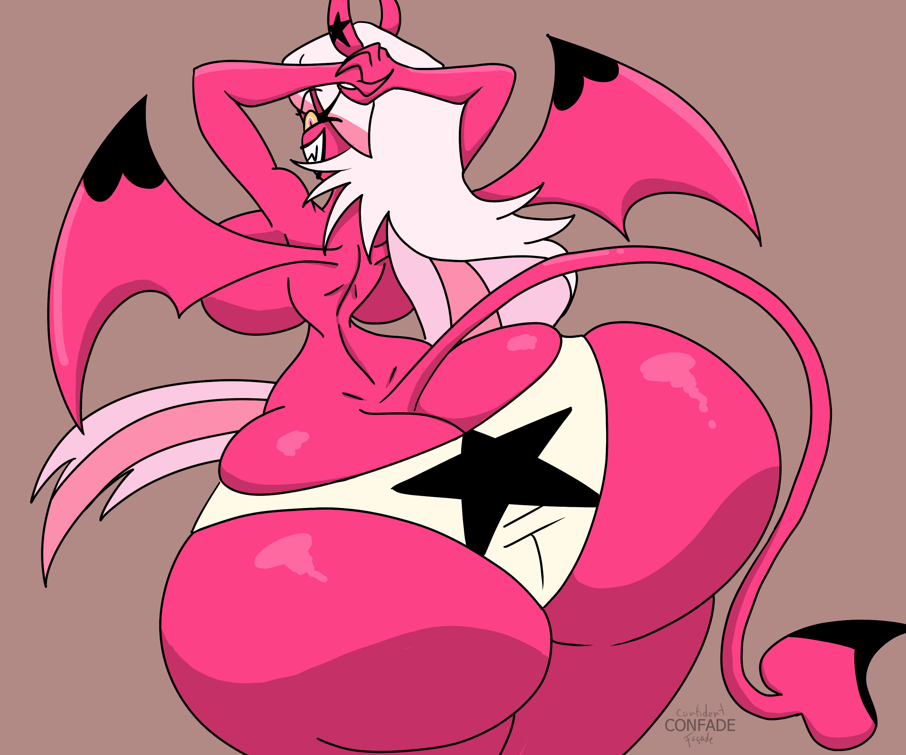 1girls, 2022, arms behind head, ass, black lips, breasts, commission, confade, helluva boss, horns, hourglass figure, huge ass, hyper ass, long hair, looking at viewer, looking back, panties, pink eyes, pink hair, pink skin, sharp teeth, smile, solo, succubus, tail, thick thighs, thin waist, topless, verosika mayday (helluva boss), vivienne medrano, wings