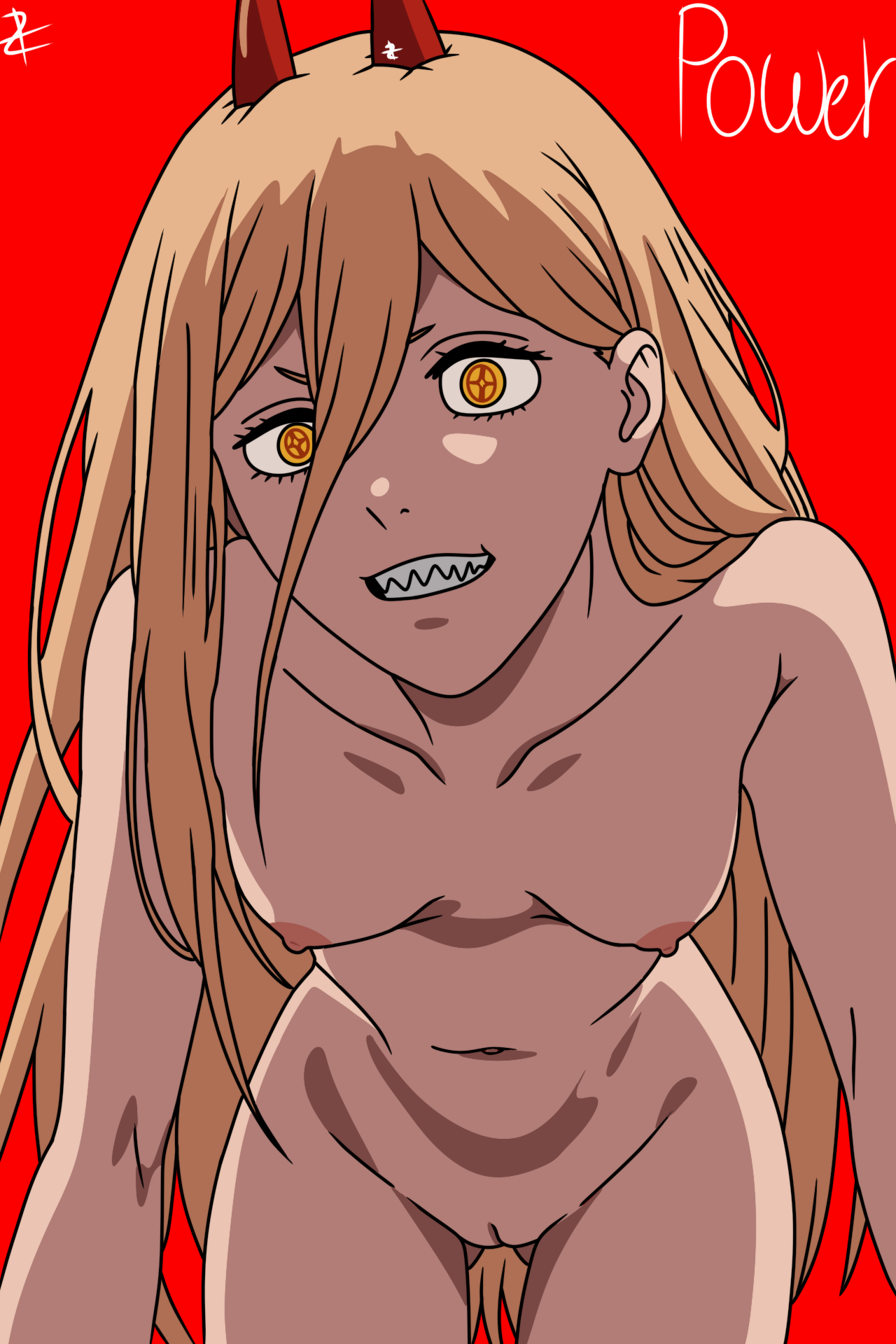 blonde hair, chainsaw man, female, horns, new artist, no bra, no panties, no pubic hair, not ai generated, nude, nude female, only female, power (chainsaw man), red horns, solo, towering, zerot