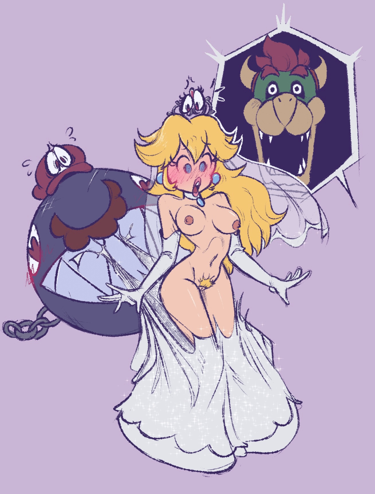 2girls, 3boys, assisted exposure, blonde, blonde female, blonde hair, blonde-haired female, blue eyes, blush, blushing, bowser, brapplesauce, breasts, cap, cappy (mario), chain chomp, choker, choker only, comedy, earrings, earrings only, embarrassed, embarrassed naked female, embarrassed nude female, enf, female, functionally nude, functionally nude female, gloves, gloves only, hat, heart-shaped pupils, koopa, lipstick, male/female, mario, mario (series), meme, moustache, mustache, naked, navel, nintendo, nipples, nude, princess peach, pubic hair, pussy, ripped clothes, ripped clothing, ripped dress, shocked, shocked expression, super mario odyssey, tearing clothes, tearing clothing, tiara, tiara (mario), tiara only, wardrobe malfunction, wedding, wedding dress, wedding peach (super mario odyssey)