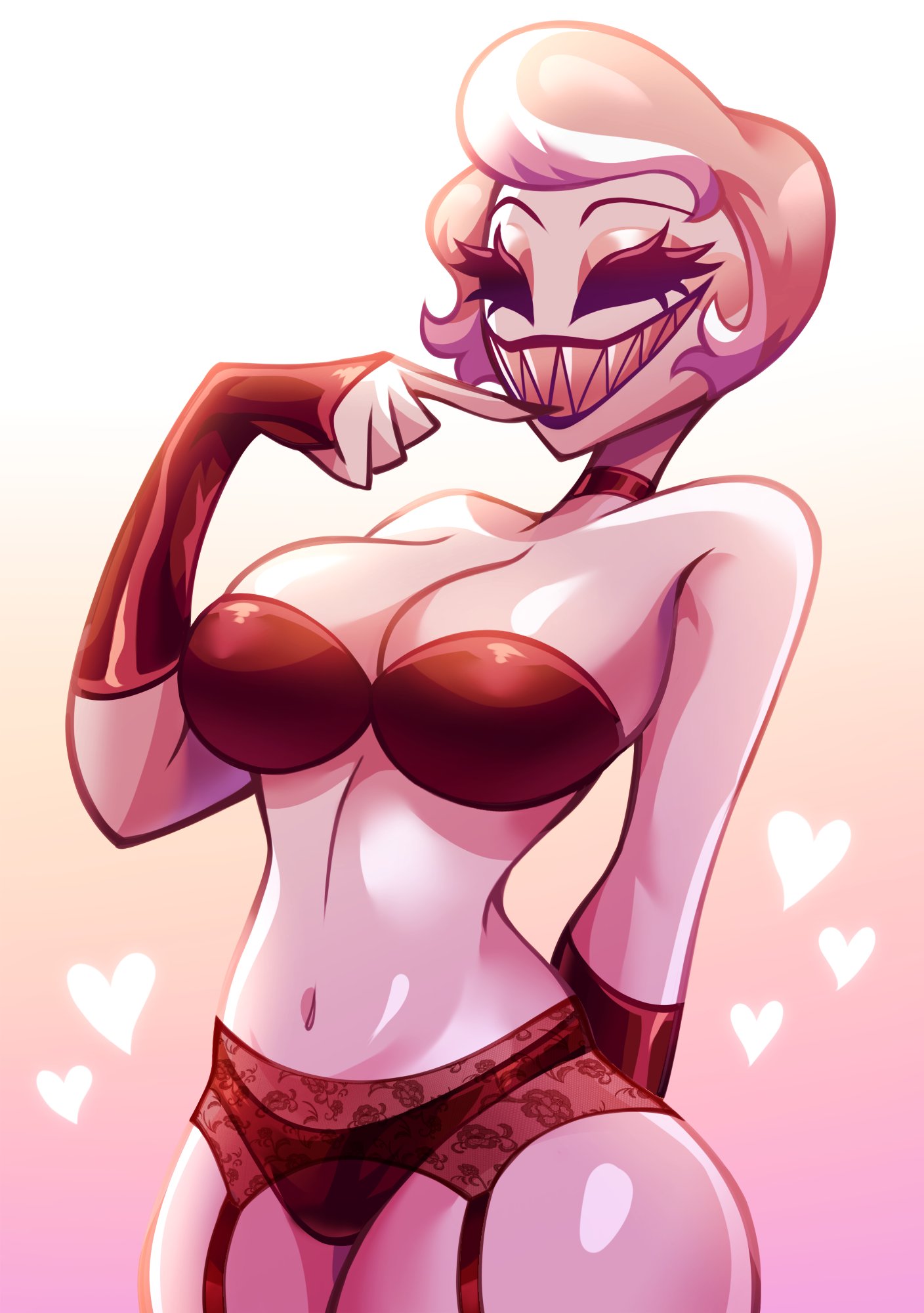 angele darliing, demon, demon girl, demon lord, garter belt, hazbin hotel, hellaverse, no pupils, pale-skinned female, rosie (hazbin hotel), sharp teeth