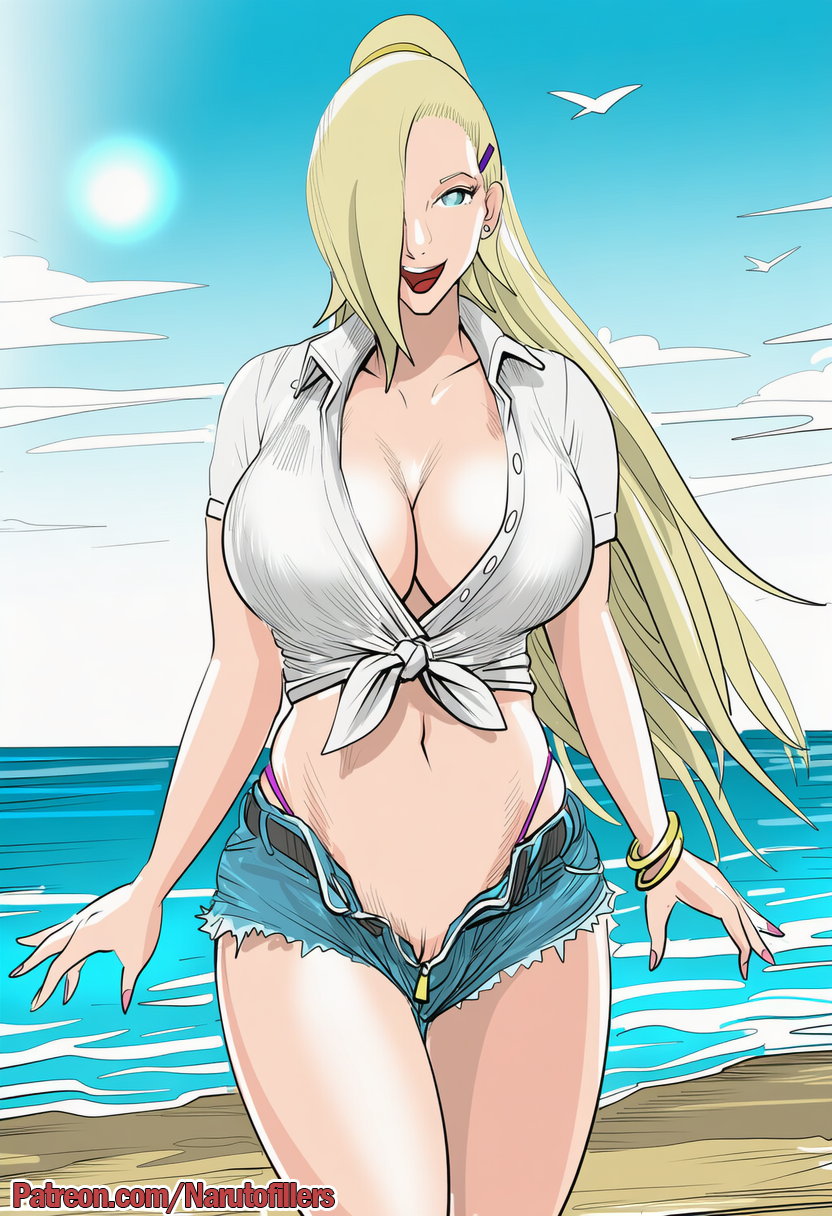 1girls, ai generated, arms behind head, arms up, beach, between labia, big breasts, bikini, bikini bottom, blonde hair, blue eyes, blush, boruto: naruto next generations, bracelet, breasts, breasts out, cameltoe, child bearing hips, covered nipples, curvaceous, curvy, curvy body, curvy female, curvy figure, denim, denim shorts, erect nipples under clothes, exposed breasts, exposed pussy, female, female only, hair ornament, hair over one eye, highleg, highleg bikini, highleg bikini bottom, hourglass figure, huge breasts, innie pussy, ino yamanaka, large breasts, light blue eyes, light skin, light-skinned female, long hair, midriff, nai diffusion, naruto, naruto (series), naruto shippuden, naruto: the last, narutofillers, nature, nipples, open clothes, open fly, outdoors, patreon username, presenting, presenting breasts, pussy, revealing clothes, shirt, short shorts, shorts, skimpy, skimpy clothes, smile, solo, solo focus, swimsuit, tied hair, tied shirt, url, very long hair, walking, walking towards viewer, watermark, web address, wide hips
