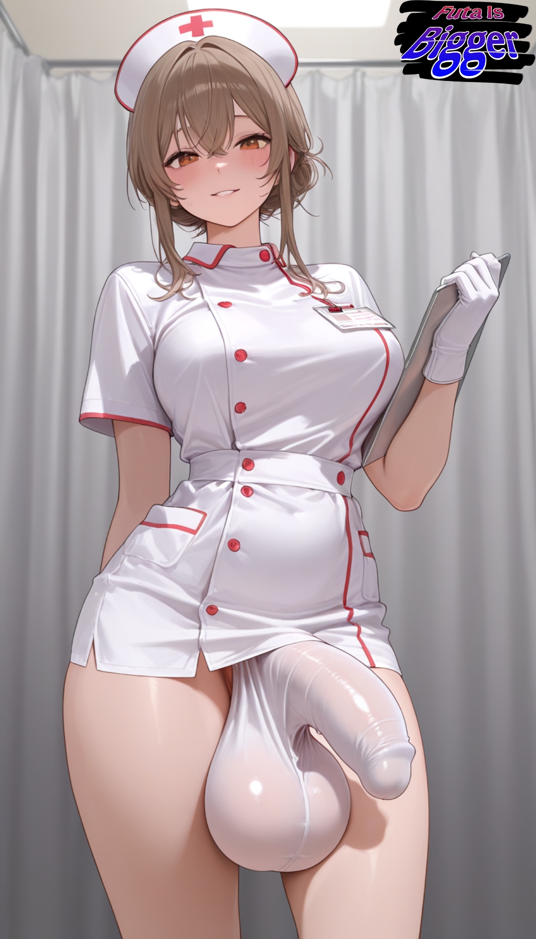 ai assisted, ai generated, big balls, big penis, flaccid, futanari, imminent fellatio, imminent oral, looking at viewer, nurse uniform, penis bulge, penis under clothes, pent up, throbbing penis