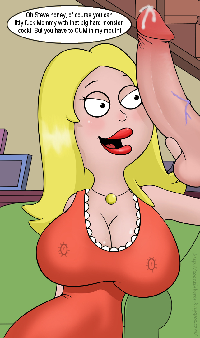 alternate breast size, american dad, breasts, color, female, francine smith, hair, huge breasts, huge cock, human, incest, male, mother and son, nipples, partial male, penis, steve smith, toontinkerer