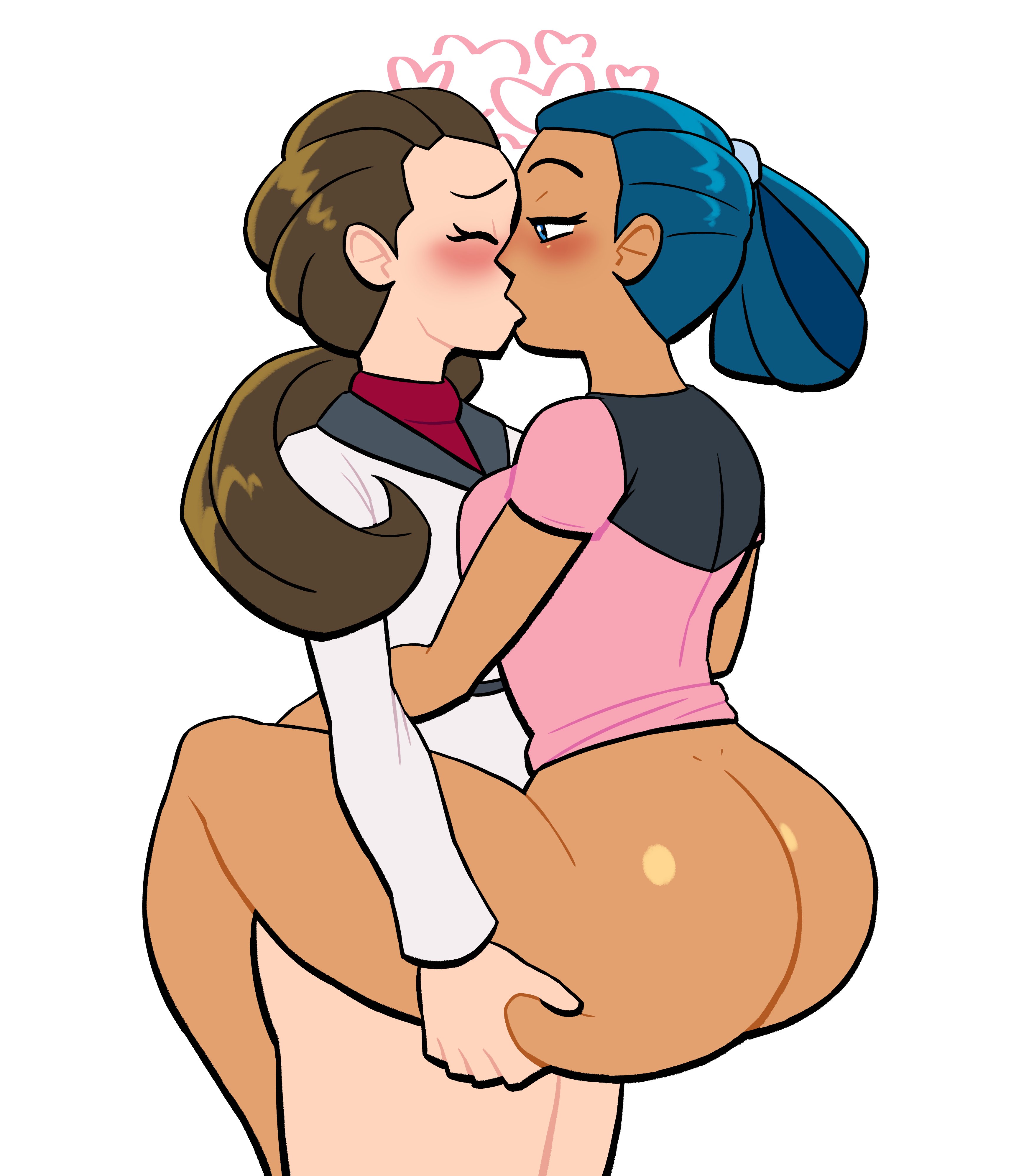 2girls, big ass, blue eyes, blue hair, blush, brown hair, carrying partner, closed eyes, dark-skinned female, hearts around head, kissing, looking at partner, lovetopullmicke, meredith (pokemon), partially clothed, pokemon, pokemon (movie), pokemon ranger and the temple of the sea, pokemon: destiny deoxys, ponytail, yuko (pokemon), yuri