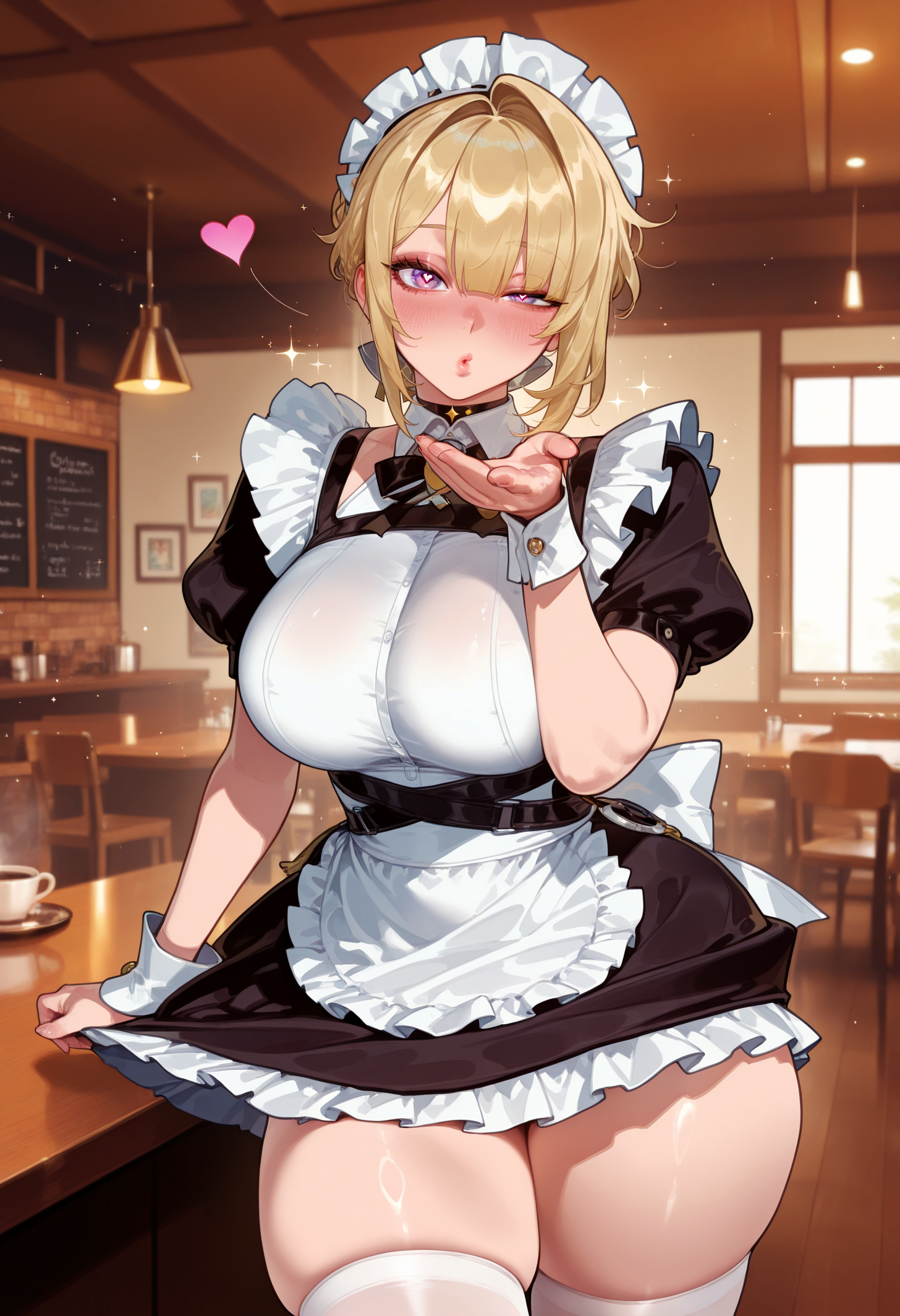 1girls, ai generated, apron, balecxi, bangs, black choker, black dress, blonde hair, blowing kiss, blush, bow, breasts, cafe, chair, choker, clothing, cup, curvaceous, curvaceous female, curvaceous figure, curvy, curvy figure, dress, evelyn chevalier, female, female focus, female only, frilled dress, frills, hair intakes, hand up, headdress, headwear, heart-shaped pupils, indoors, inviting, lamp, large breasts, legwear, looking at viewer, maid, maid apron, maid headdress, presenting, presenting ass, presenting breasts, presenting hindquarters, presenting pussy, presenting self, puffy short sleeves, puffy sleeves, purple eyes, seductive, seductive look, seductive smile, short dress, short hair, short sleeves, skindentation, skirt, solo, symbol-shaped pupils, table, thick thighs, thighhighs, thighs, uniform, voluptuous, voluptuous female, white apron, white legwear, white thighhighs, wrist cuffs, zenless zone zero, zettai ryouiki