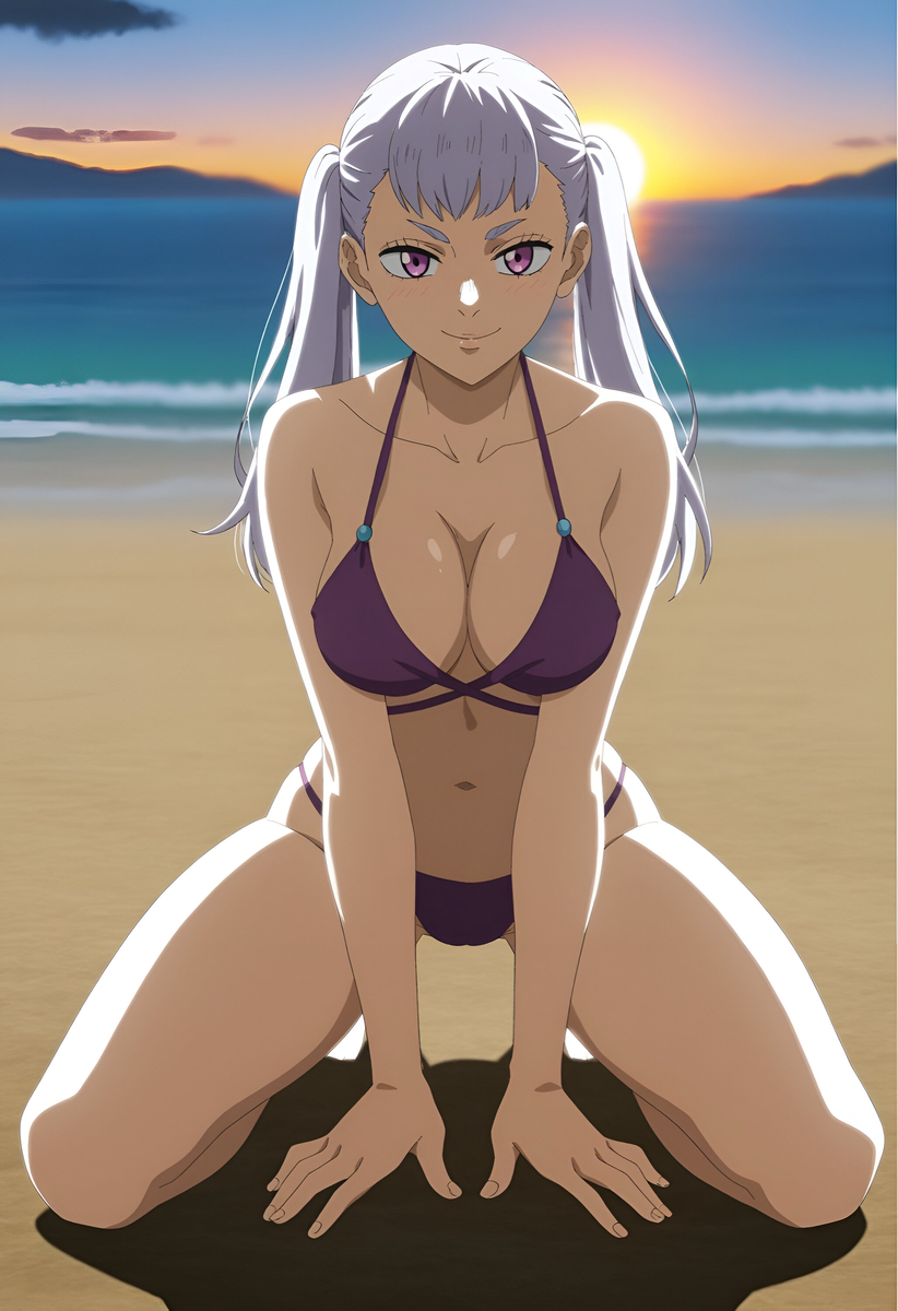 1girls, ai generated, bikini, black clover, clothed, clothed female, duderu vanilla, female, female only, kneeling, noelle silva, purple bikini, purple eyes, solo, swimsuit, twintails, white hair