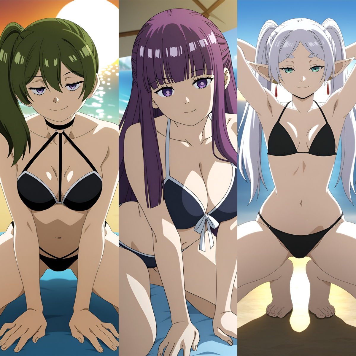 3girls, ai generated, bikini, black bikini, blue bikini, clothed, clothed female, duderu vanilla, elf, elf female, female, female only, fern (sousou no frieren), frieren, frieren beyond journey's end, green hair, multiple girls, purple hair, sousou no frieren, swimsuit, ubel (sousou no frieren), white hair