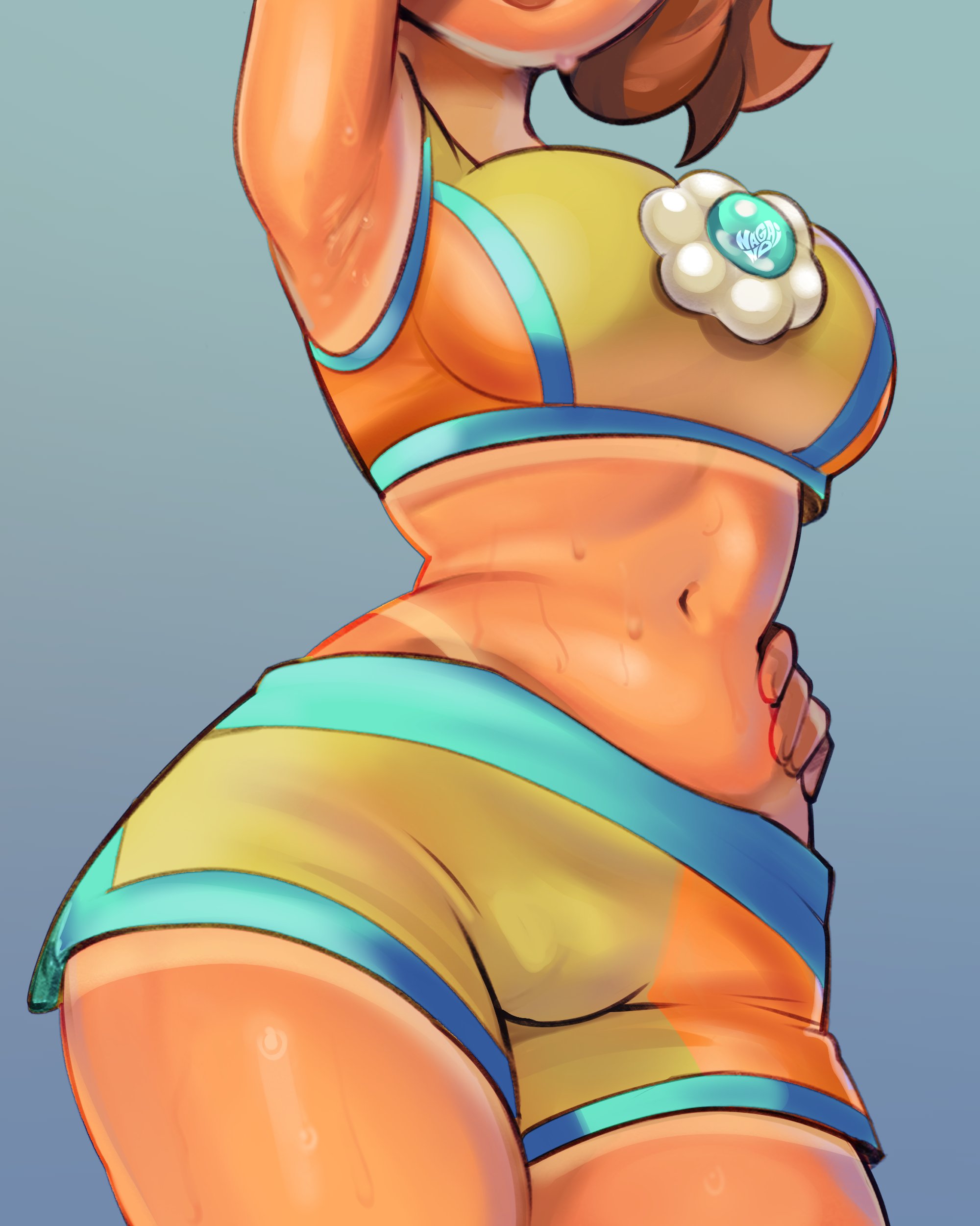1girl, absurdres, arm up, armpits, big breasts, breasts, brown hair, cameltoe, crop top, dripping, flower ornament, hand on own hip, highres, large breasts, mario (series), mario kart, mario kart world, midriff, nagainosfw, navel, nintendo, orange shorts, orange sports bra, princess daisy, princess daisy (swimwear), princess daisy (swimwear) (mario kart world), short hair, shorts, sports bra, sweat, sweaty armpits, tan, tan body, tan skin, tanlines, tanned female, thick thighs, thighs, wide hips, yellow shorts, yellow sports bra