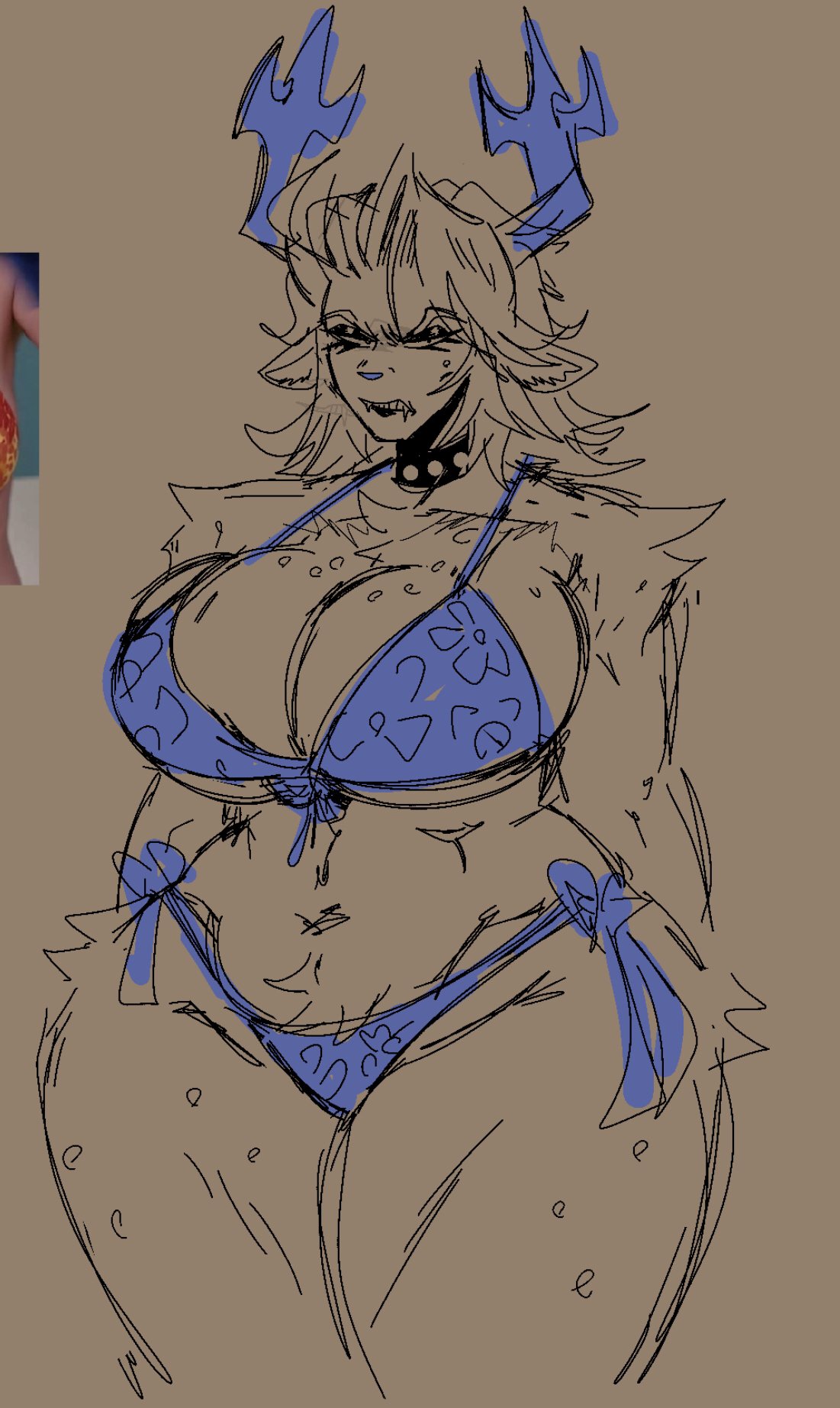 2026, 2d, absurd proportions, angry, angry face, anthro, antlers, big breasts, carol holiday, child bearing hips, choker, deer, deer girl, deltarune, fangs, female, female only, fur, furry, huge breasts, huge thighs, katztonight, limited palette, lingerie, massive breasts, massive thighs, milf, scowl, sketch, spiked collar, thick thighs