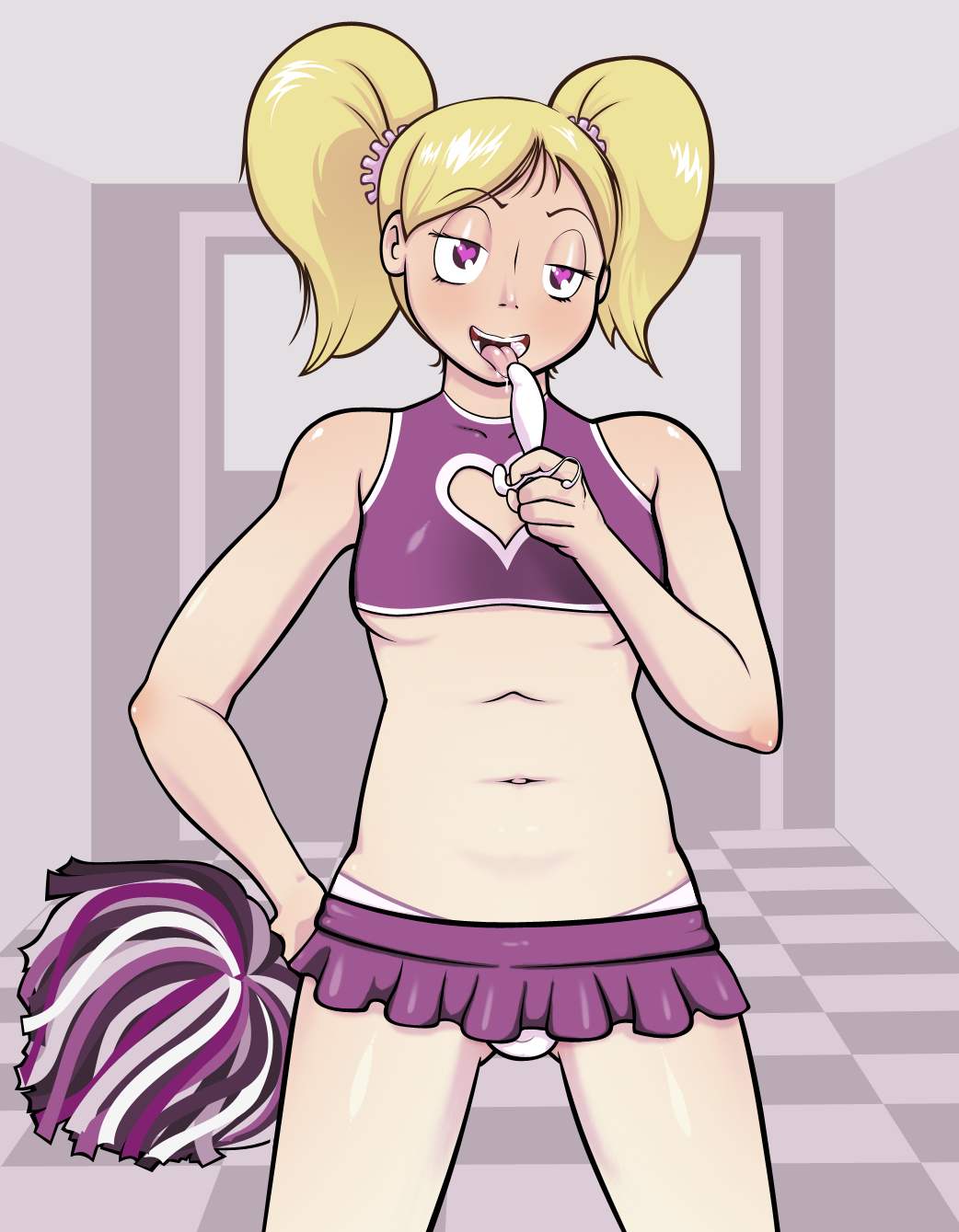 1boy balls_in_panties blonde_hair bugaboo bulge cheerleader cheerleader_uniform cleavage_cutout femboy girly heart-shaped_pupils licking male male_cheerleader microskirt penis_in_panties penis_under_skirt pom_poms purple_eyes solo tied_hair tongue tongue_out toy trap twintails whale_tail