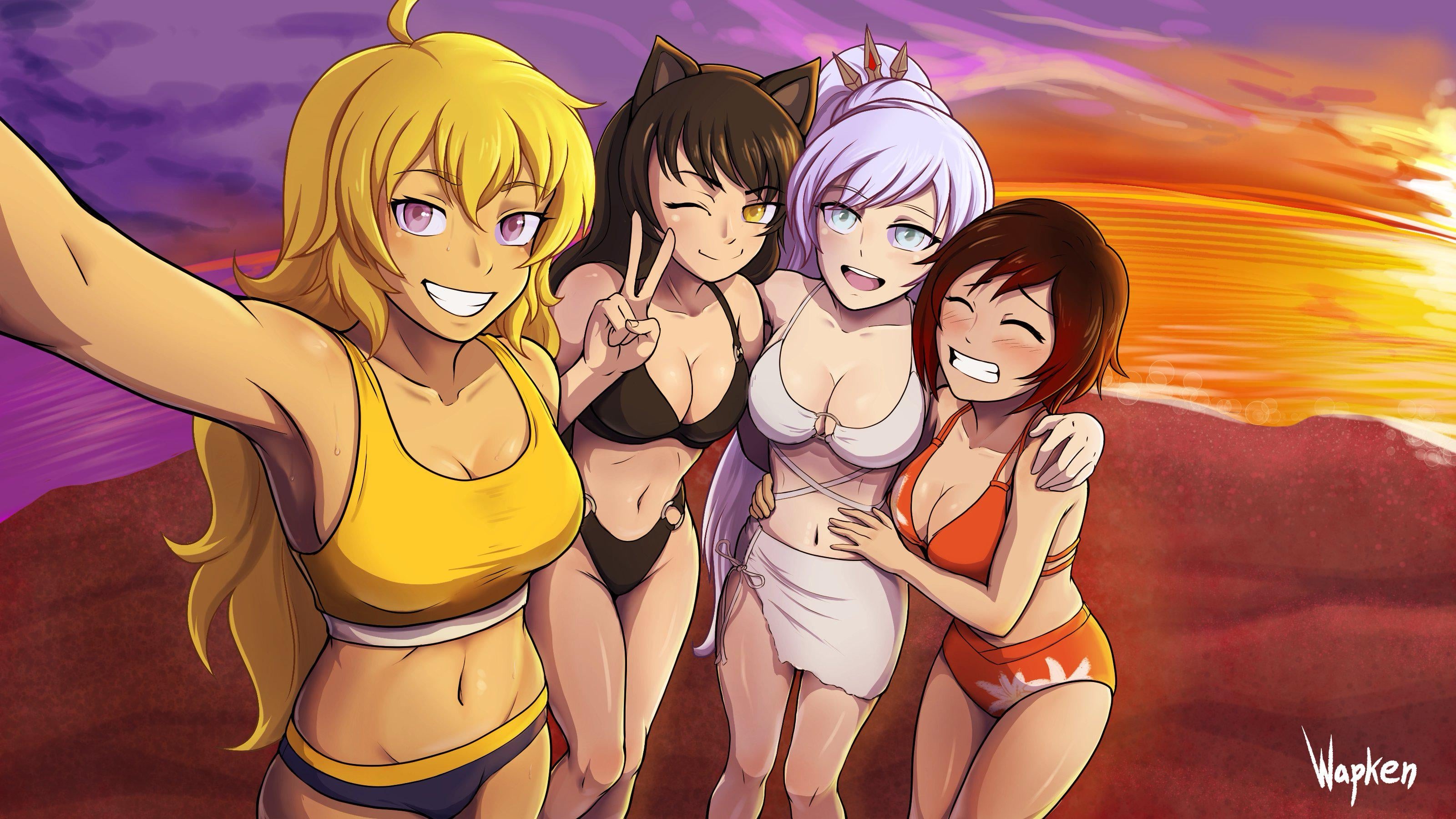 4girls, black hair, black hair female, blake belladonna, blonde female, blonde hair, blue eyes, cleavage, female, female only, half naked, half naked female, half-dressed, long hair, long hair female, mwapen, pose, posing, purple eyes, ruby rose, rwby, selfie, silver eyes, taking selfie, team rwby, wapken meow, weiss schnee, white hair, white hair female, yang xiao long, yellow eyes