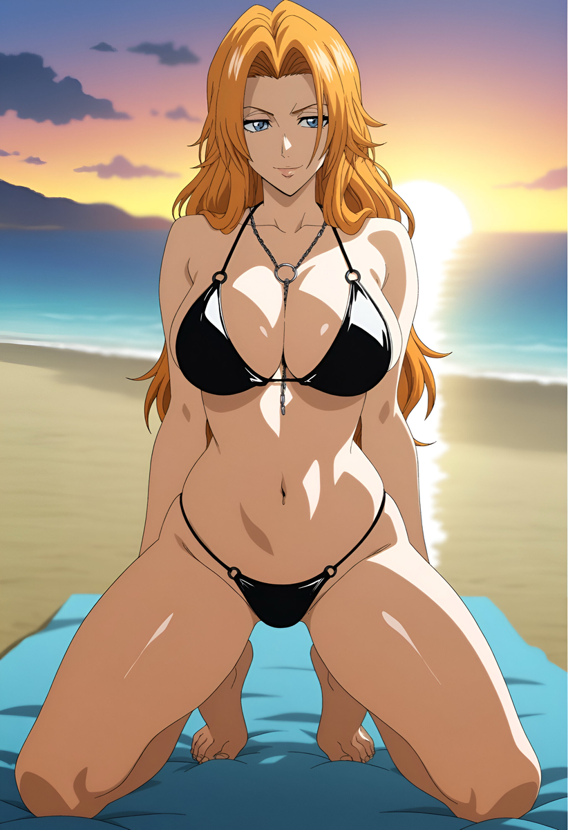 1girls, ai generated, bikini, black bikini, bleach, blonde hair, clothed, clothed female, duderu vanilla, female, female only, kneeling, large breasts, matsumoto rangiku, solo