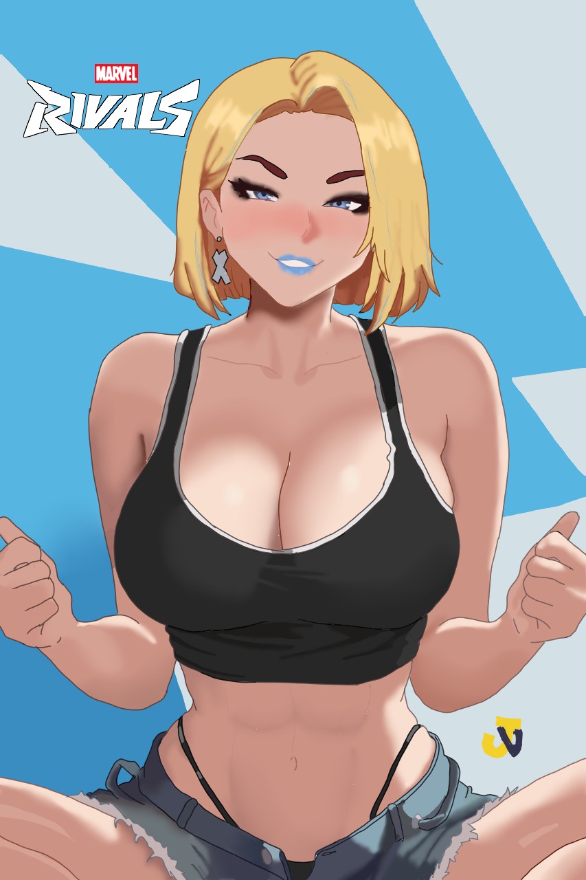 blonde hair, blue eyes, blue lips, digital media, earrings, emma frost, fully clothed, jessdraws, marvel, marvel rivals, midriff, self upload, short hair, solo, x-men