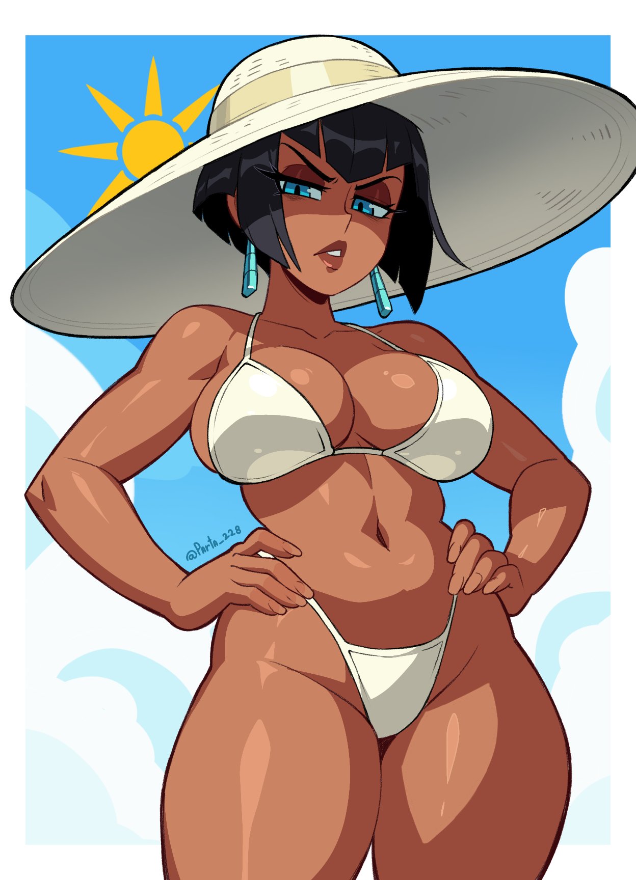 1girls, bikini, blunt bangs, bob cut, dark-skinned female, egyptian, eliza (skullgirls), female only, parta228, short hair, skullgirls, solo, tagme, thick thighs