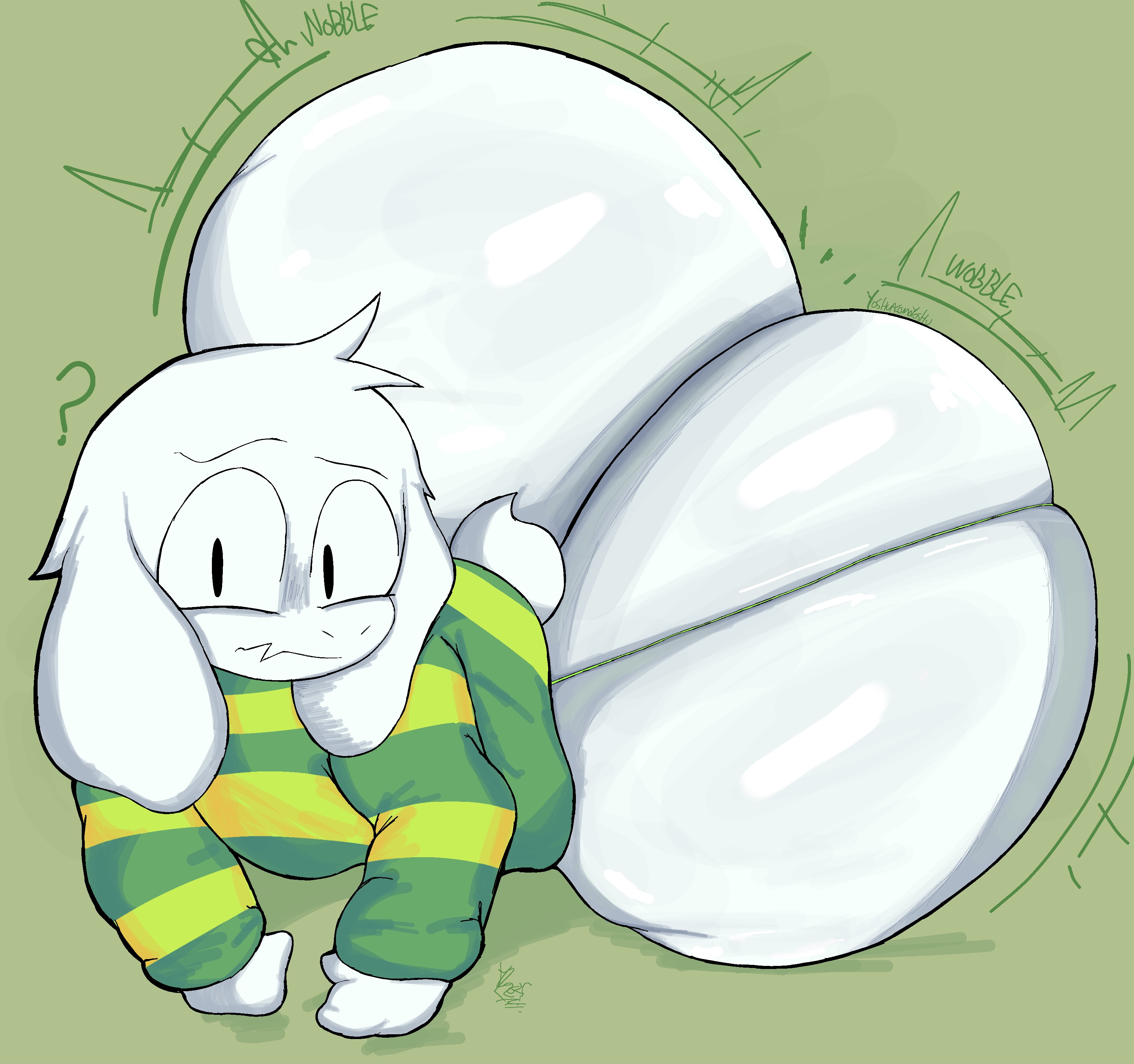 1boy, anthro, artist name, asriel, asriel dreemurr, ass bigger than head, big ass, big butt, bottom heavy, bottom heavy femboy, bottomless, bottomless male, bubble ass, bubble butt, cheeks, confused expression, enormous ass, femboy, gay, goat, goat ears, huge ass, huge butt, hyper ass, hyper butt, shortstack, shortstack femboy, simple background, thong, thong aside, undertale, undertale (series), white fur, wobbling ass, yoshuacomoyoshu, younger male