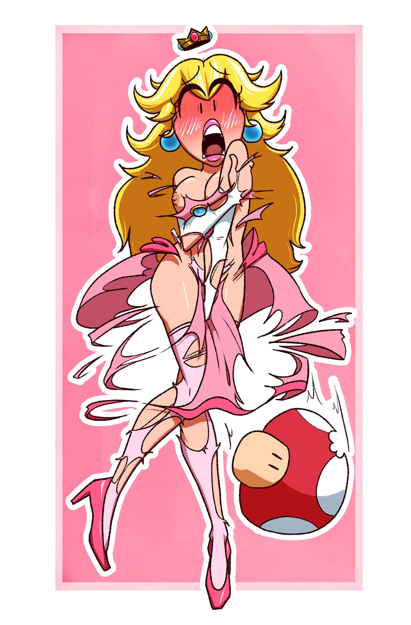 1girls, accidental exposure, blonde, blonde female, blonde hair, blush, blushing, brapplesauce, breasts, covering, covering breasts, covering crotch, crown, earrings, embarrassed, embarrassed naked female, embarrassed nude female, enf, exposed, exposed breasts, female, heels, lipstick, looking at viewer, mario (series), mega mushroom, naked, nude, princess peach, shocked, shocked expression, torn clothes