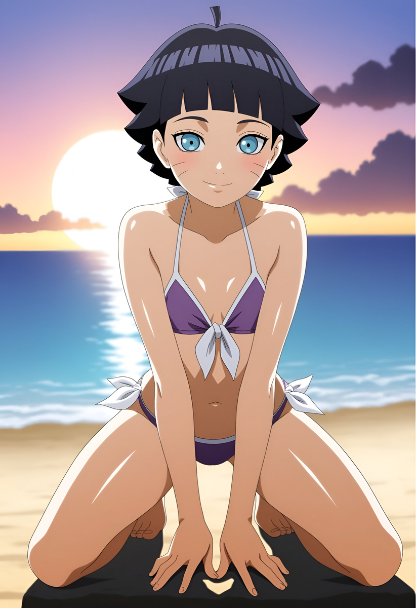 1girls, ai generated, bikini, black hair, blue eyes, boruto: naruto next generations, clothed, clothed female, duderu vanilla, female, female only, flat chest, kneeling, naruto (series), purple bikini, short hair, short-haired female, solo, swimsuit, uzumaki himawari