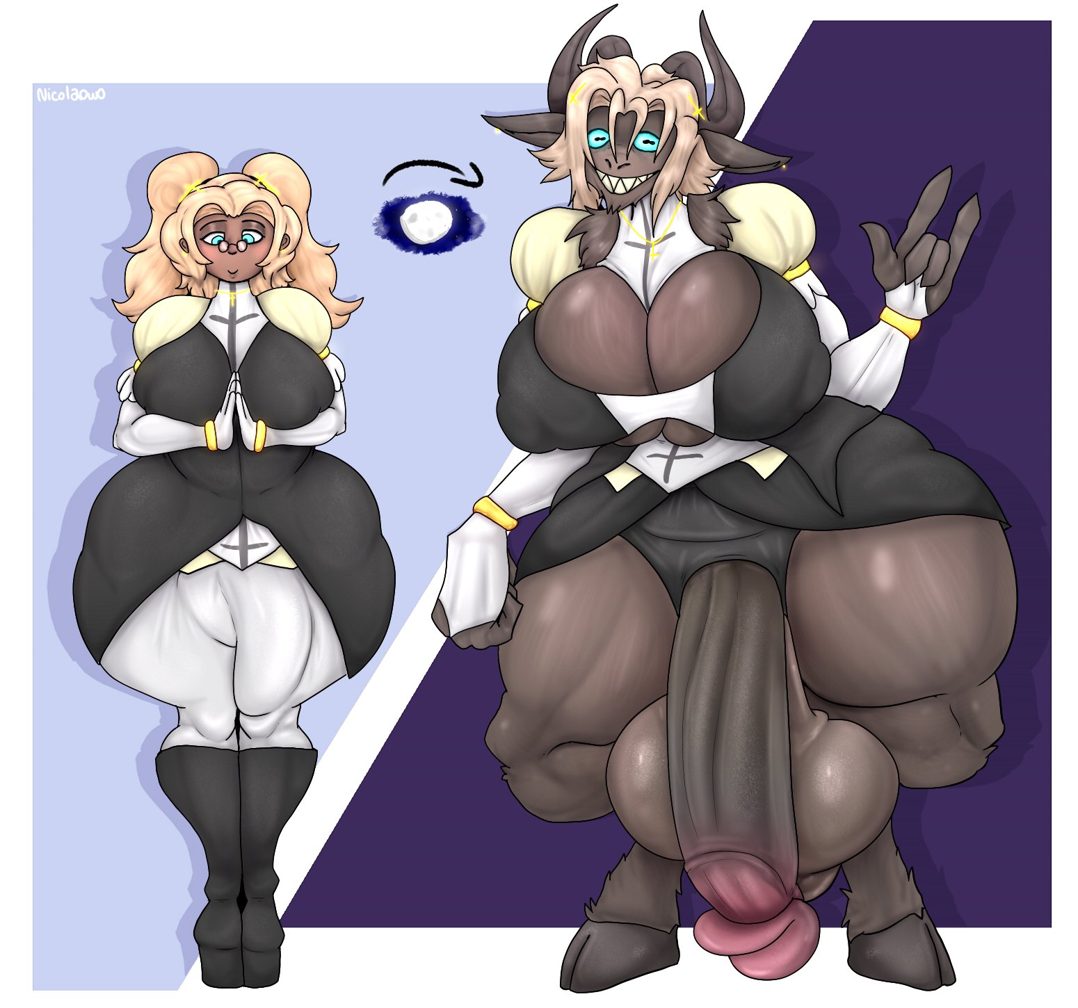 1futa, anthro, big breasts, big penis, breasts, caprine, cleavage, clothed, clothing, fully clothed, furry, futanari, huge breasts, huge cock, hyper penis, nicolaowo, penis, thick thighs, werecreature, wide hips