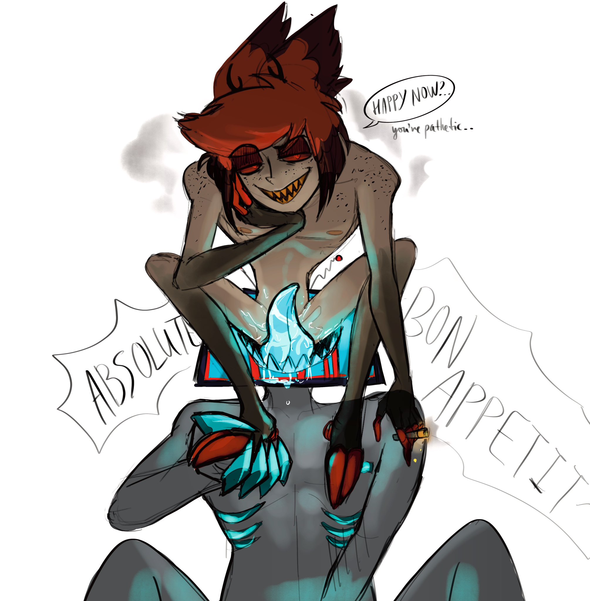 alastor (hazbin hotel), cigarette, cigarette in hand, freckles, freckles on body, freckles on breasts, freckles on face, freckles on shoulders, gay, hazbin hotel, licking pussy, pussy, pussy cum, pussy juice, resigned expression, resigned to fate, screaming in pleasure, sitting on face, sitting on person, tasting bodily fluids, tasting pussy juice, tounge on pussy, vox (hazbin hotel), yaoi