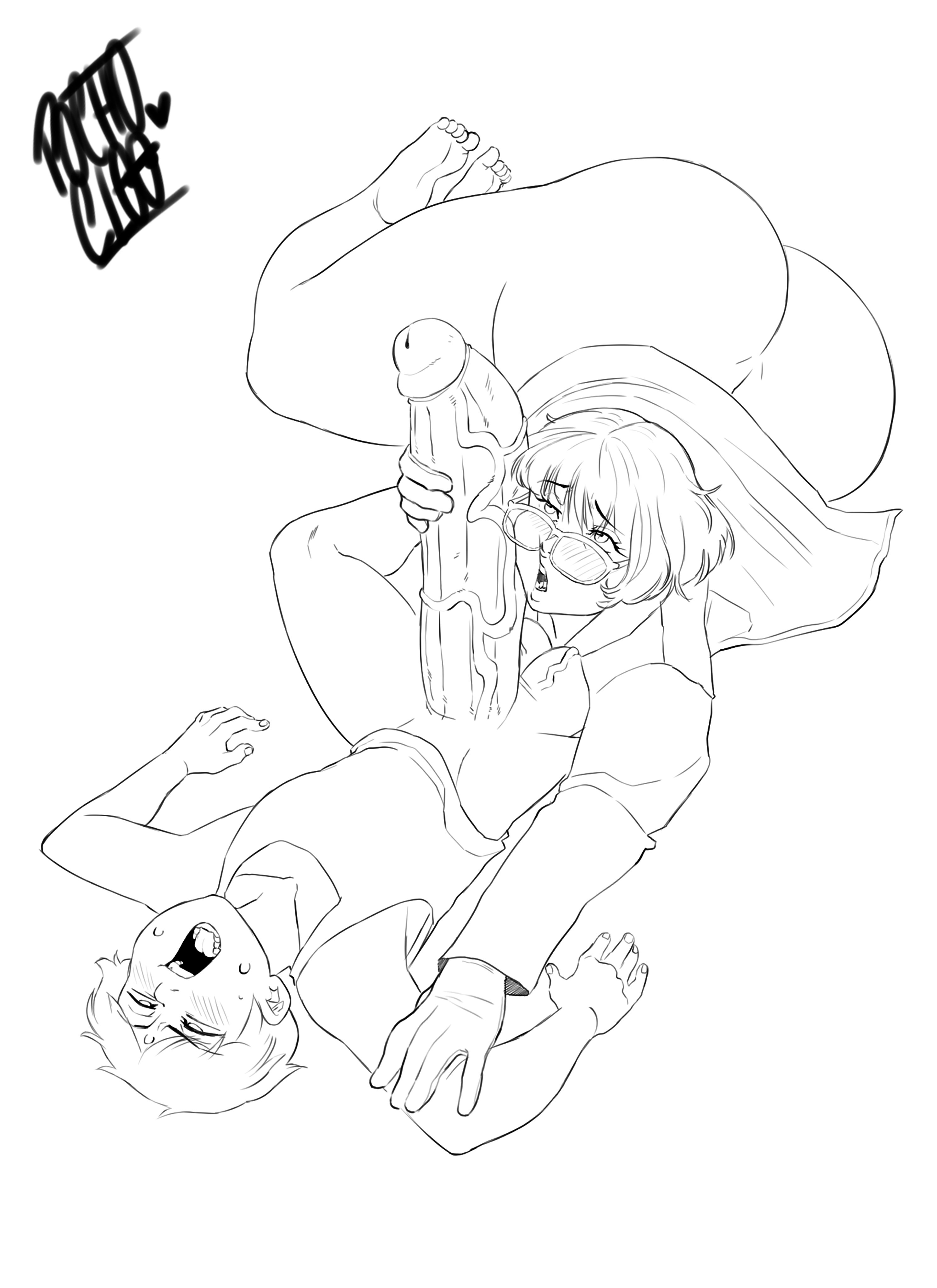 1boy, 1girls, 2d, artist signature, ass, back 4 blood, balls, black and white, blush, blush lines, bob cut, cock, comission, doc (back 4 blood), dot (dotcom jk2), fat ass, glasses, holding penis, huge cock, huge penis, labcoat, penis, pleasure face, pochoclogigi, short hair, size difference, testicles, veiny balls, veiny cock, veiny penis, veiny testicles