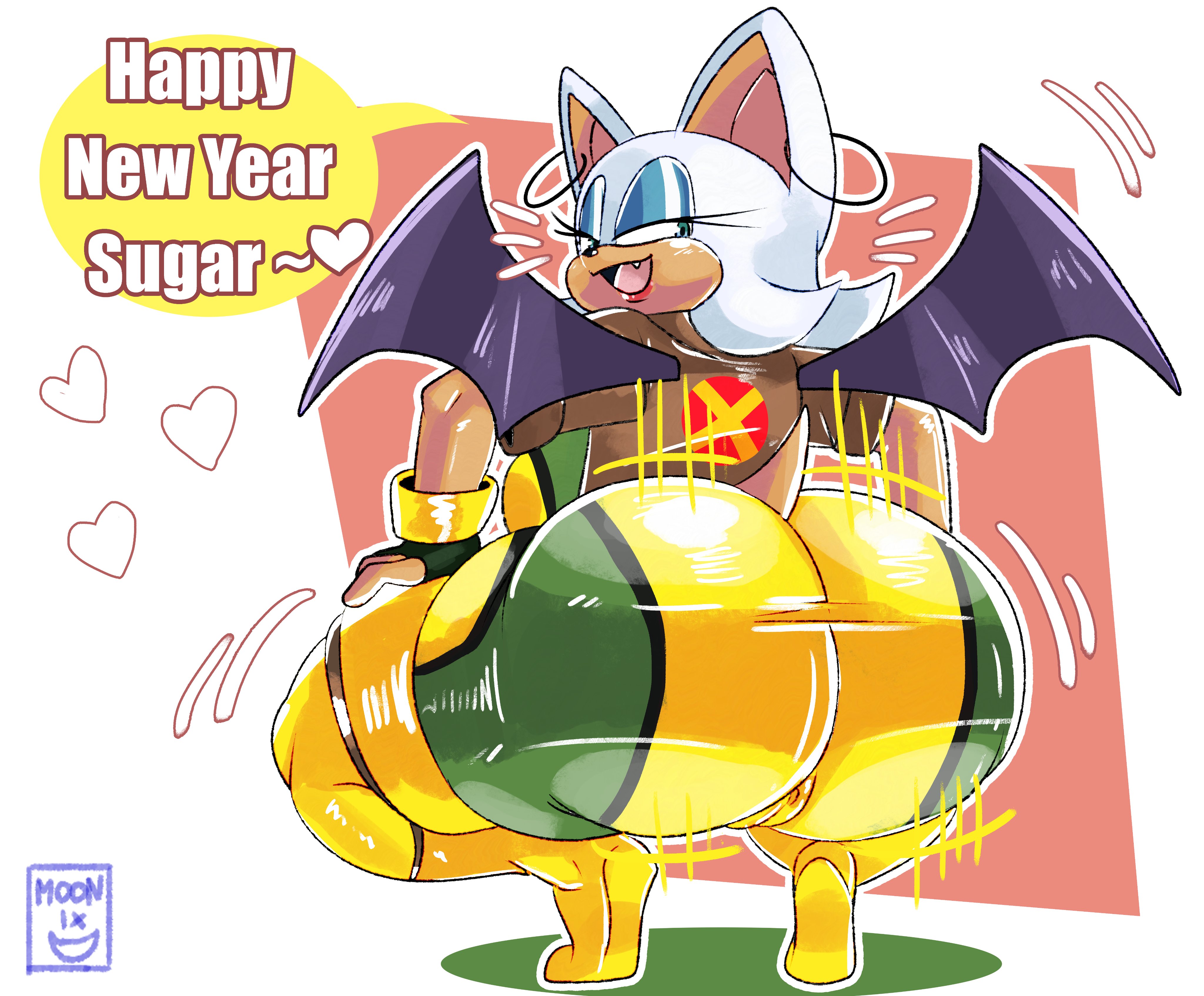 1girls, 2d, anthro, ass, ass focus, ass shake, ass shaking, bat, bat wings, big ass, bubble butt, clothing, english text, female, female only, fully clothed, furry, furry female, hands on thighs, happy new year, heart, latex, looking at viewer, looking back, looking back at viewer, marvel, moonix xero, new year, no genitals, no sex, rogue (x-men) (cosplay), rouge the bat, simple background, skin tight, smiling, smiling at viewer, solo, solo female, sonic (series), sonic the hedgehog (series), squatting, tagme, talking, talking to viewer, text, thick thighs, throwing it back, twerking, wings