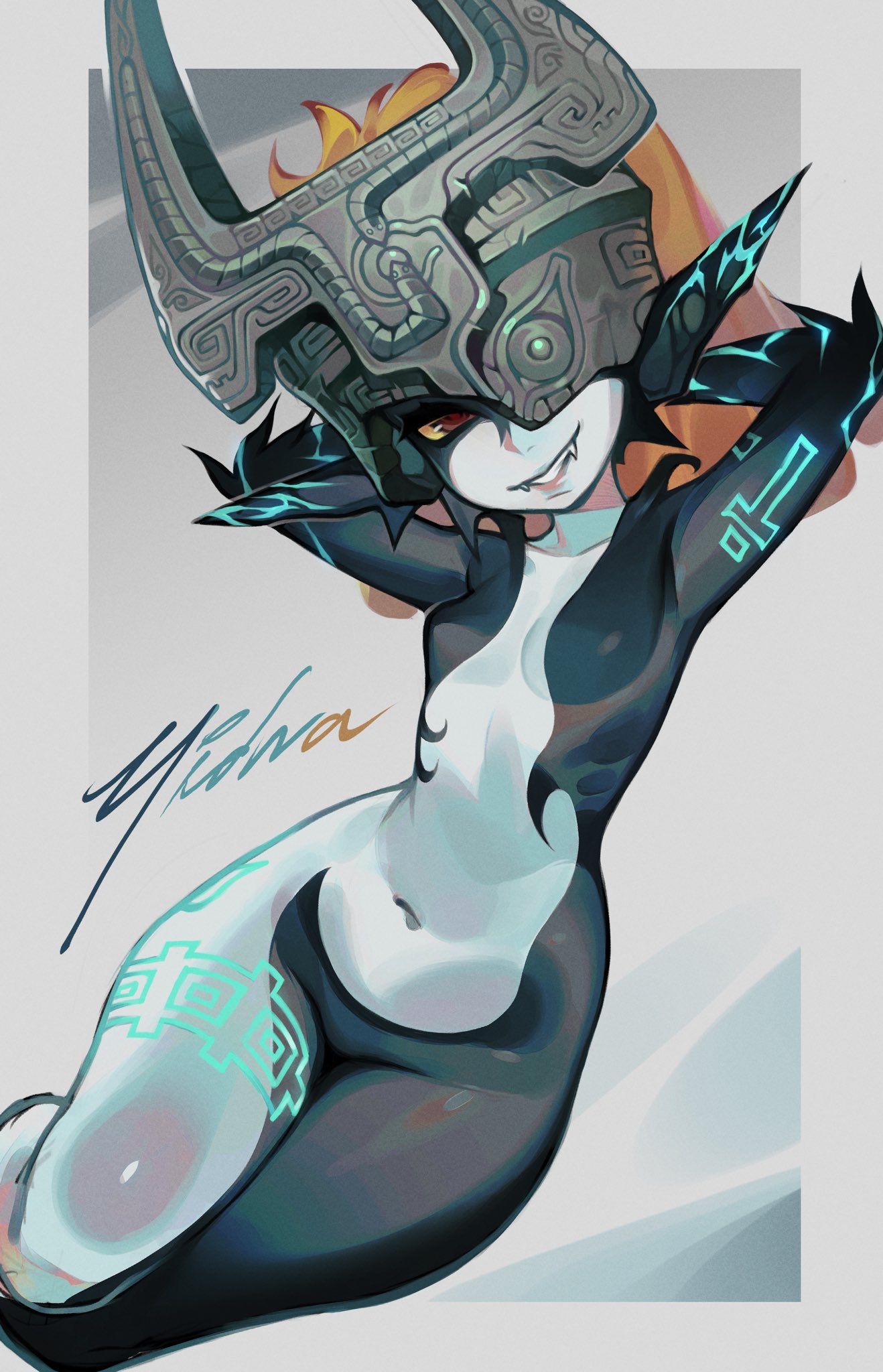 1girls, arms up, bansheeiso, fangs, female, female focus, female only, hands behind head, imp, imp midna, long ears, looking at viewer, midna, nintendo, orange hair, red eyes, small breasts, solo, solo female, solo focus, the legend of zelda, thick thighs, twilight princess, two-tone body, wide hips, yellow sclera