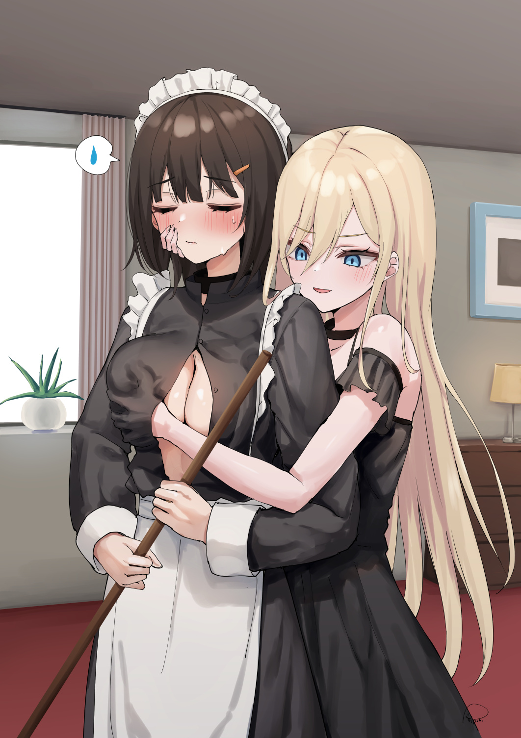 2girls, apron, assertive female, bare shoulders, black dress, blonde hair, blue eyes, blush, breasts, broom, center opening, cleaning, closed eyes, curtains, dress, female pervert, frilled sleeves, frills, grabbing another's breast, grabbing from behind, groping, hair ornament, hairclip, half-closed eyes, hand on another's face, highres, indoors, lamp, large breasts, long hair, long sleeves, maid, maid apron, maid headdress, master and servant, multiple girls, open mouth, original, pervert, piripun, plant, princess, speech bubble, standing, sweatdrop, thought bubble, window, yuri