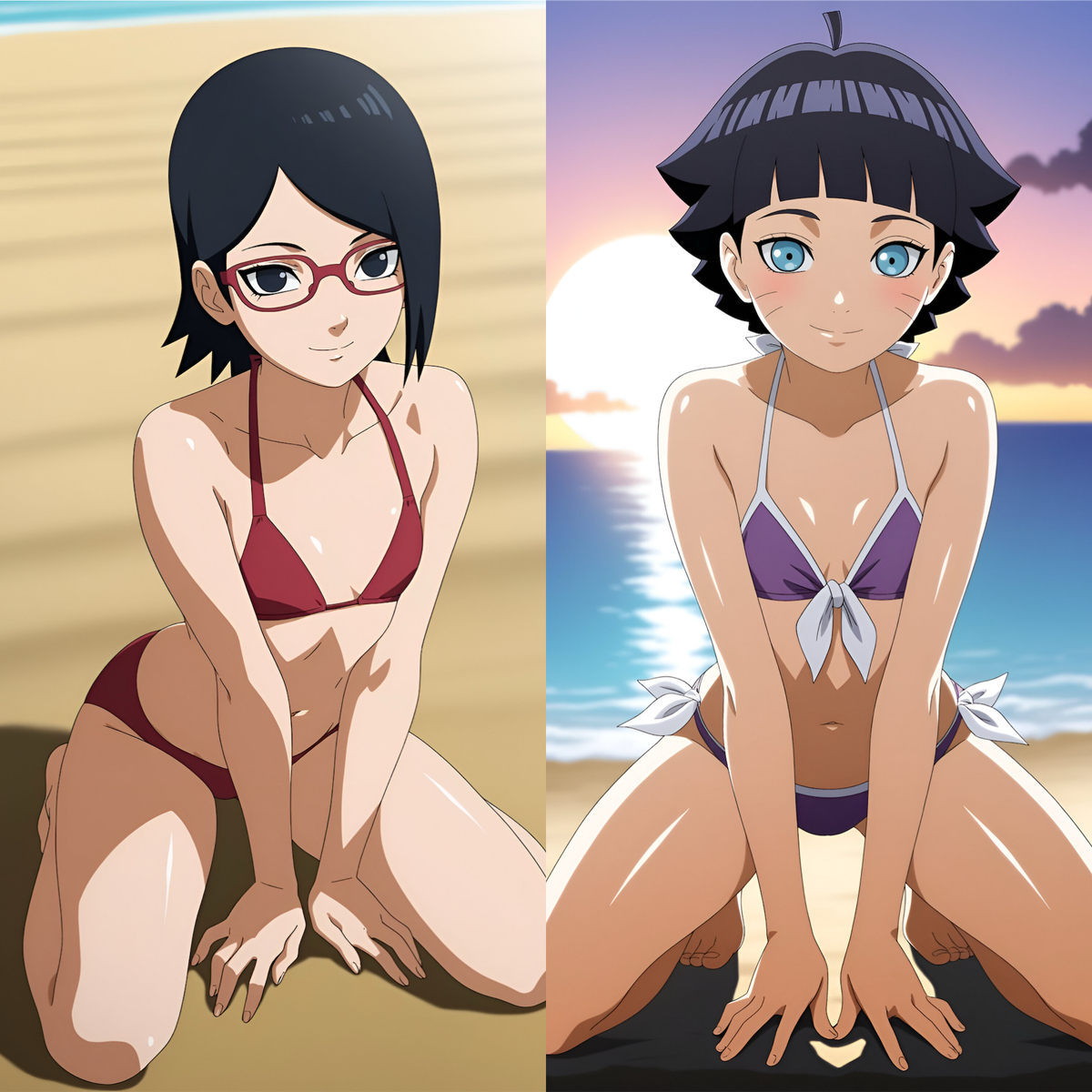 2girls, ai generated, bikini, black eyes, black hair, blue eyes, boruto: naruto next generations, clothed, clothed female, duderu vanilla, female, female only, flat chest, glasses, kneeling, naruto (series), purple bikini, red bikini, sarada uchiha, swimsuit, uzumaki himawari