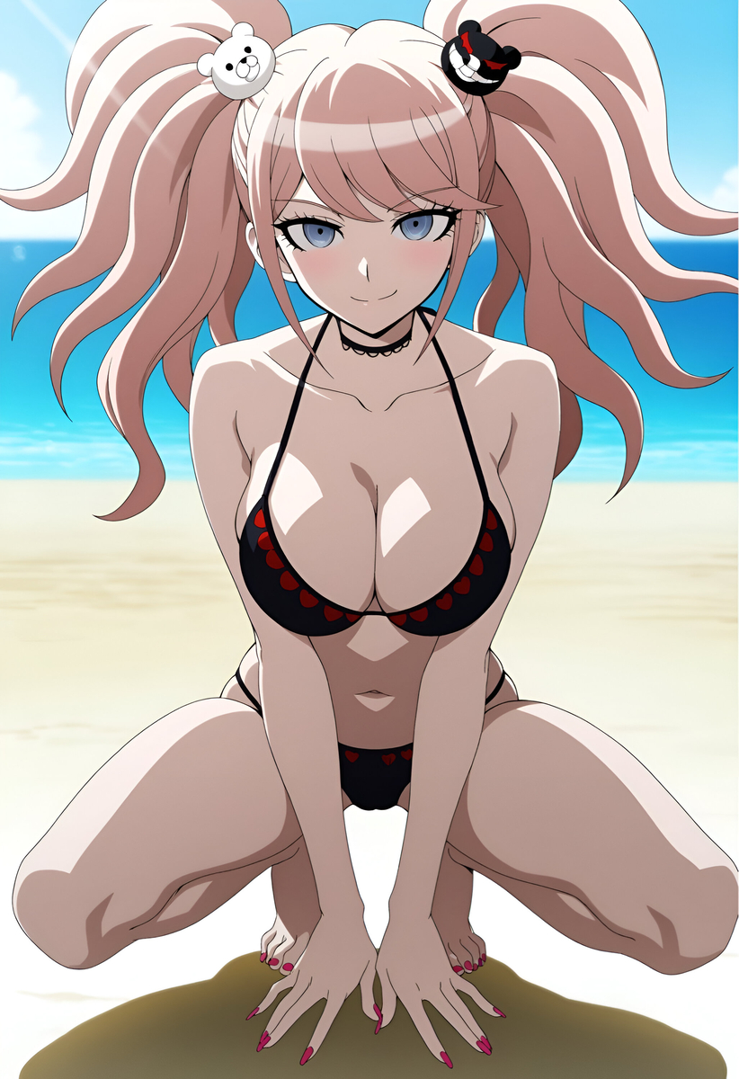 1girls, ai generated, bikini, black bikini, blonde hair, blue eyes, clothed, clothed female, danganronpa, duderu vanilla, female, female only, junko enoshima, solo, swimsuit