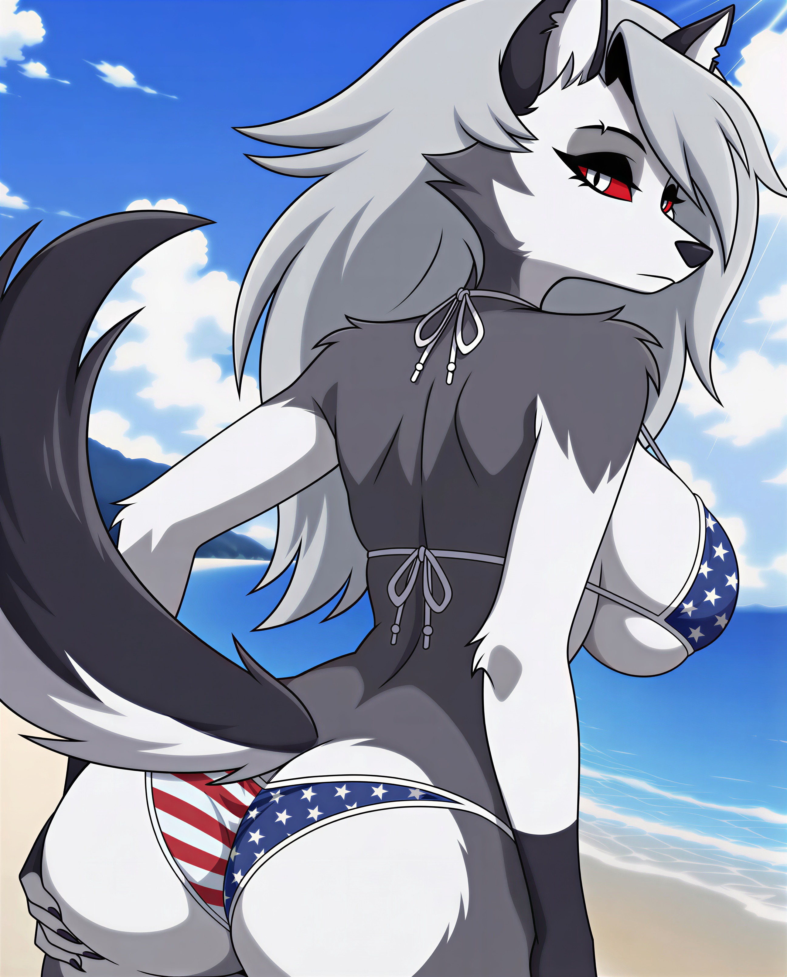 1female, 1girls, ai generated, american flag bikini, athletic, athletic body, athletic female, beach, bikini, canine, female focus, fit, fit body, fit female, furry, furry female, furry only, grabbing ass, grabbing own ass, hellhound, helluva boss, hi res, hires, looking at viewer, looking back, looking back at viewer, loona, loona (helluva boss), mildlyflirty, rear view, red sclera, solo, solo female, tagme, tail, toned, toned body, toned female, wet, wet body, white eyes, white hair, wolf, wolf girl