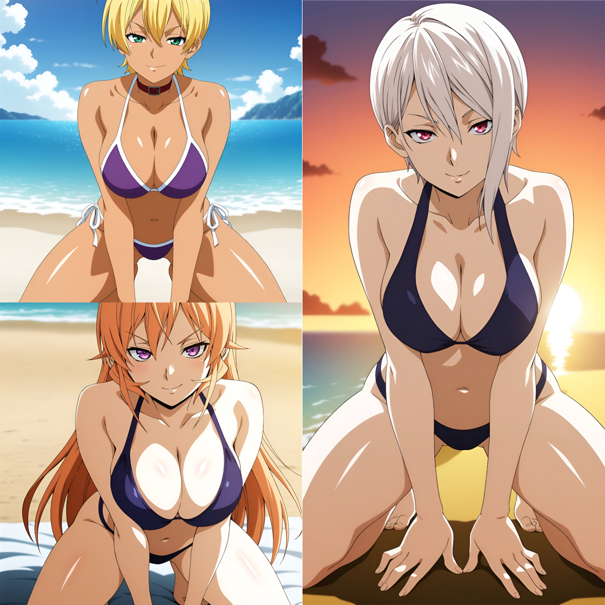 3girls, ai generated, bikini, black bikini, blonde hair, clothed, clothed female, duderu vanilla, female, female only, halter bikini, halterneck, mito ikumi, nakiri alice, nakiri erina, purple bikini, shokugeki no souma, swimsuit, white hair