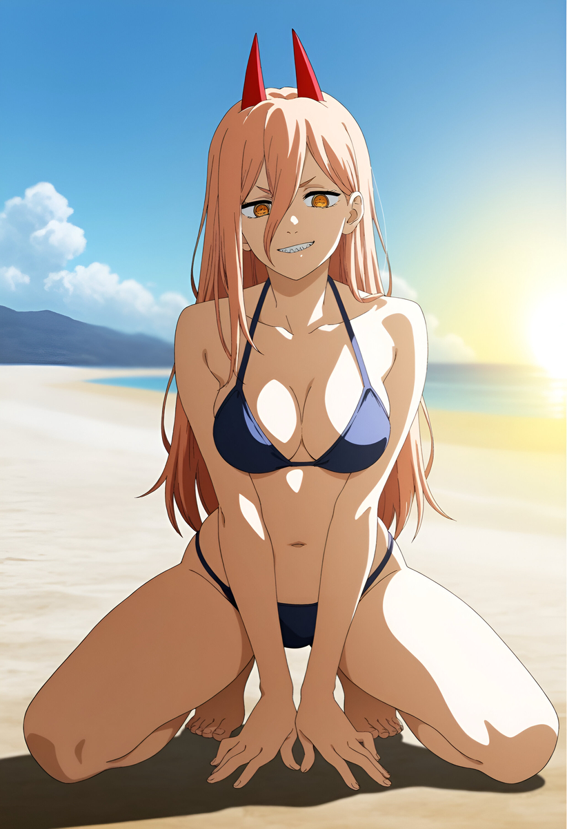 1girls, ai generated, bikini, blonde hair, blue bikini, chainsaw man, clothed, clothed female, duderu vanilla, female, female only, frog pose, horns, kneeling, power (chainsaw man), solo, swimsuit