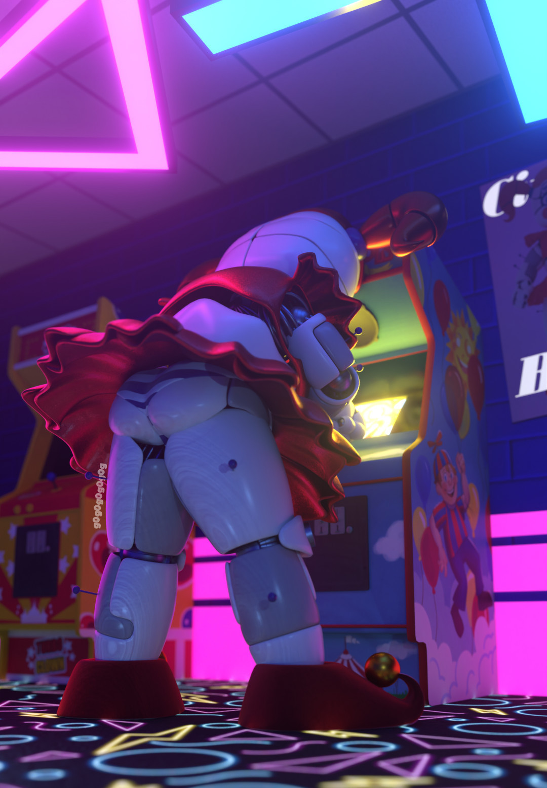 1girls, 2025, 3d, accurate art style, accurate body type, animatronic, arcade, arcade machine, ass, baby (fnafsl), back view, big ass, circus baby, circus baby (fnaf), circus baby (original), female, five nights at freddy's, five nights at freddy's: sister location, g0g0g0g0g0g, panties, pantyshot, robot, robot girl, robot humanoid, solo, solo female, striped panties, thighs, twintails, unaware