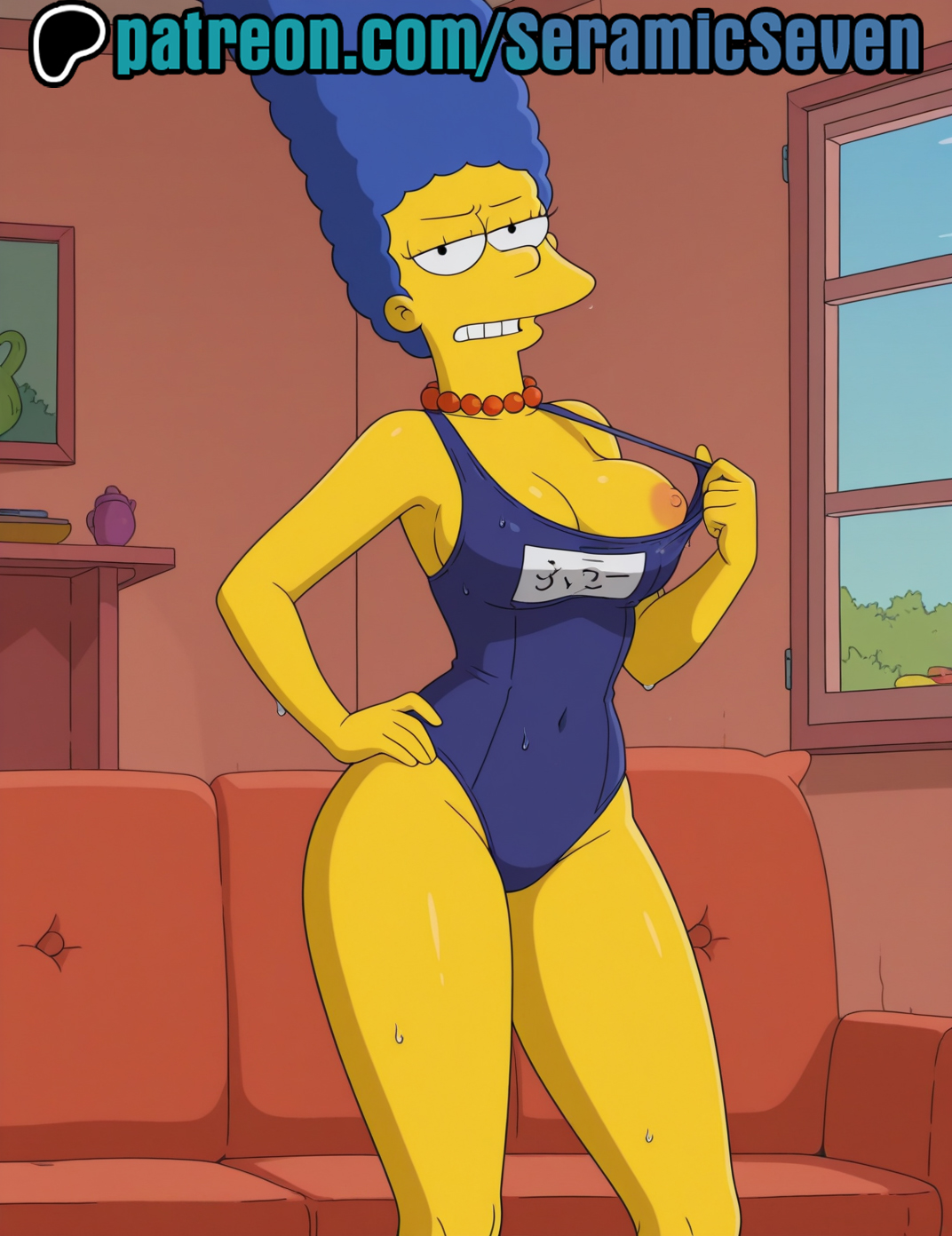 1female, 1girls, 2025, 2d, ai, ai generated, anime, anime style, annoyed, blue hair, colored skin, female, female focus, female only, looking at viewer, marge simpson, mature female, milf, mommy, one-piece swimsuit, seramic seven, solo, solo female, solo focus, standing, swimsuit, teasing, teasing viewer, the simpsons, uncensored, uncensored breasts, uncensored nipples, yellow body, yellow skin