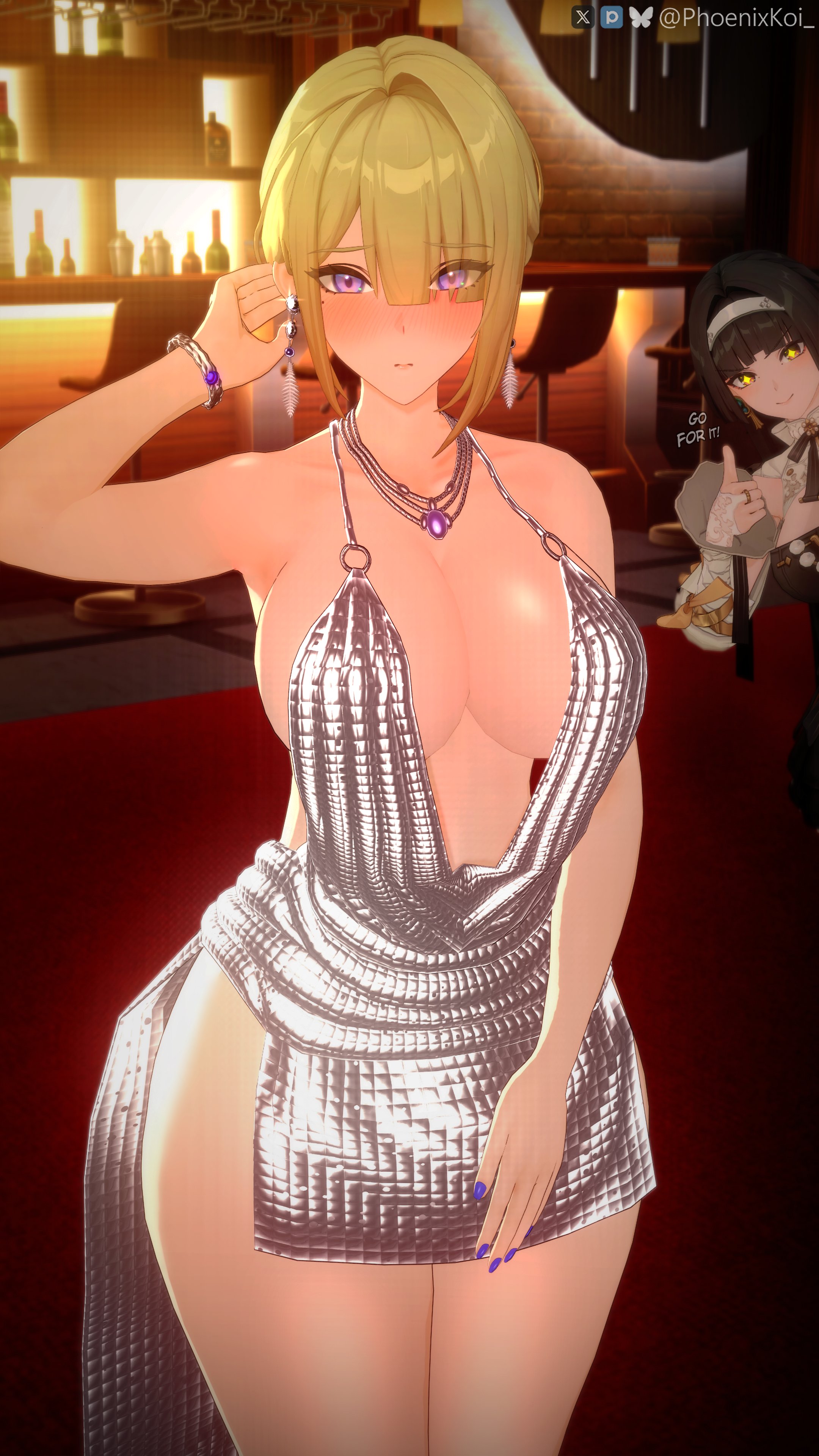 2girls, 3d, astra yao, bar (place), black hair, blonde hair, blush, bracelet, breasts, clothed, clothing, dress, earrings, embarrassed, encouragement, evelyn chevalier, female, female only, hoyoverse, huge breasts, indoors, jewelry, light skin, light-skinned female, luxurious, mihoyo, necklace, nose blush, painted nails, phoenixkoi, purple eyes, purple nails, shy, silver dress, star-shaped pupils, symbol-shaped pupils, thumbs up, timid, whitekoi, zenless zone zero