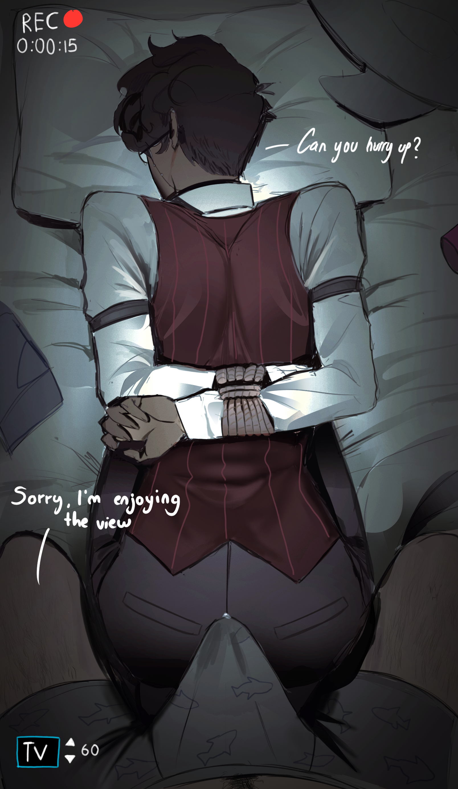 2boys, alastor (hazbin hotel), arms behind back, arms tied behind back, bondage, bulge, bulge through clothing, clothed, clothed male, dannelkat, dark skin, dark-skinned male, gay, hazbin hotel, human alastor (hazbin hotel), human vox (hazbin hotel), interracial, light skin, light-skinned male, male, male pov, male/male, pov, precum, precum drip, recording, rope, rope bondage, underwear, underwear only, vincent whittman (hazbin hotel), vox (hazbin hotel), yaoi