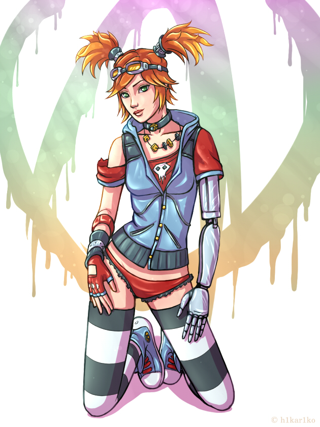1girls, 2d, borderlands, borderlands 2, clothed, female, female only, gaige (borderlands), goggles, green eyes, h1kar1ko, looking at viewer, no pants, panties, red hair, solo, solo female, striped legwear, striped thighhighs, thighhighs