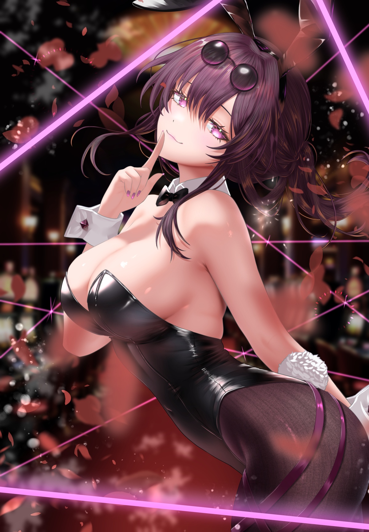 :3, animal ear hairband, animal ears, arm behind back, bare shoulders, black bow, black bowtie, black leotard, black pantyhose, blurry, blurry background, bow, bowtie, breasts, cleavage, closed mouth, commentary, cowboy shot, detached collar, dot nose, eyewear on head, fake animal ears, fake tail, female, finger to own chin, from side, hair between eyes, hairband, hand up, head tilt, highleg, highleg leotard, highres, honkai (series), honkai: star rail, index finger raised, kafka (honkai: star rail), large breasts, leotard, looking at viewer, looking to the side, nanaki24, pantyhose, pink lips, playboy bunny, ponytail, purple eyes, purple hair, purple nails, rabbit ear hairband, rabbit ears, rabbit tail, round eyewear, sideboob, sidelocks, smile, solo, strapless, strapless leotard, sunglasses, tail, thighs, white wrist cuffs, wrist cuffs