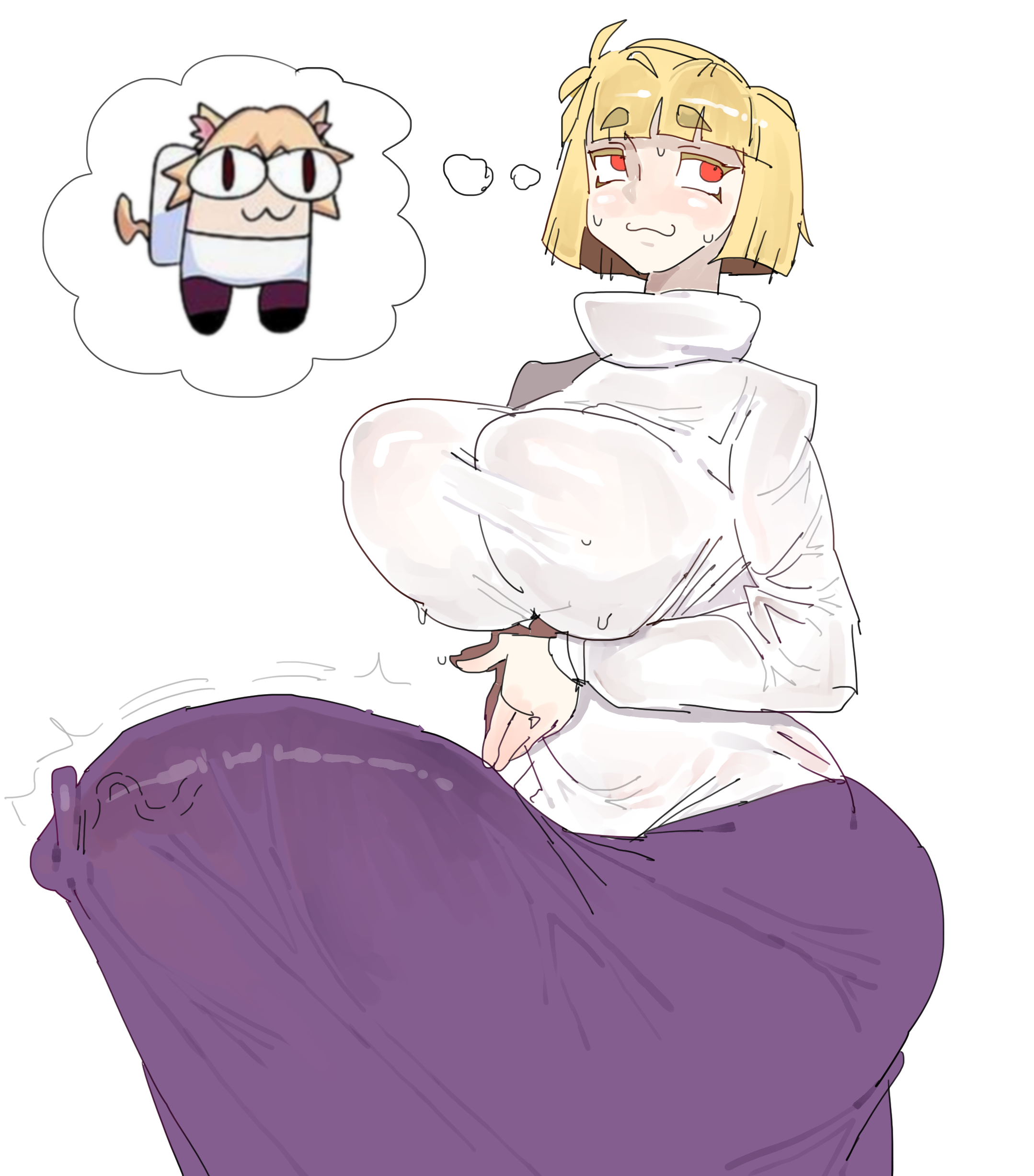 1futa, 1girls, among us reference, arcueid brunestud, blonde hair, blush, blushing, boobs, breadcatta, breasts, bulge through clothing, clothing, futa focus, futanari, huge cock, huge penis, melty blood arcueid figure (meme), meme, neco-arc, red eyes, simple background, skirt, sweat, sweatdrop, sweating, tremble spikes, tsukihime, veiny, veiny cock, veiny penis