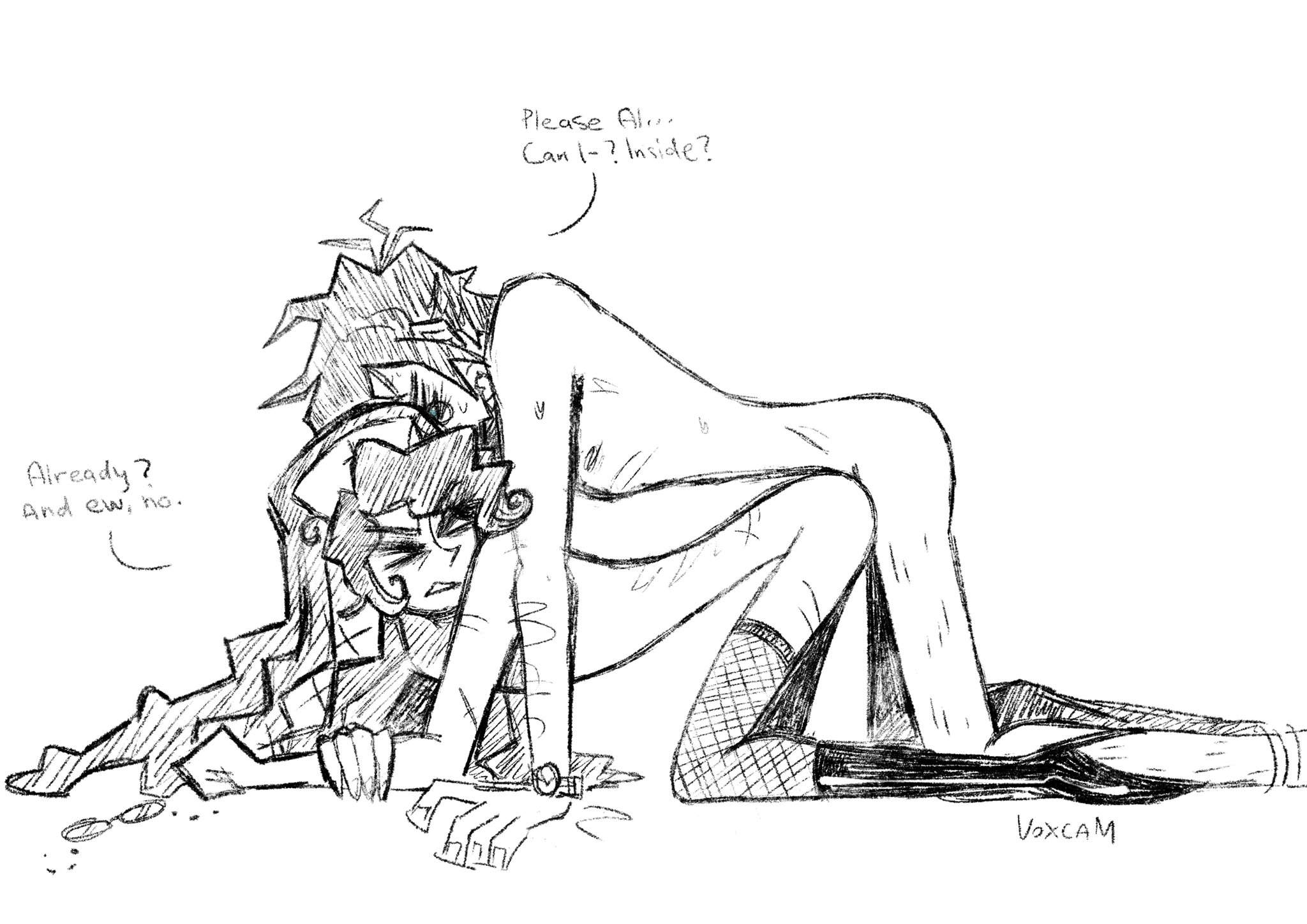 alastor (hazbin hotel), disgusted, disgusted look, gay, hazbin hotel, human alastor (hazbin hotel), human vox (hazbin hotel), nun outfit, pathetic male, submissive top, twink, vox (hazbin hotel), yaoi