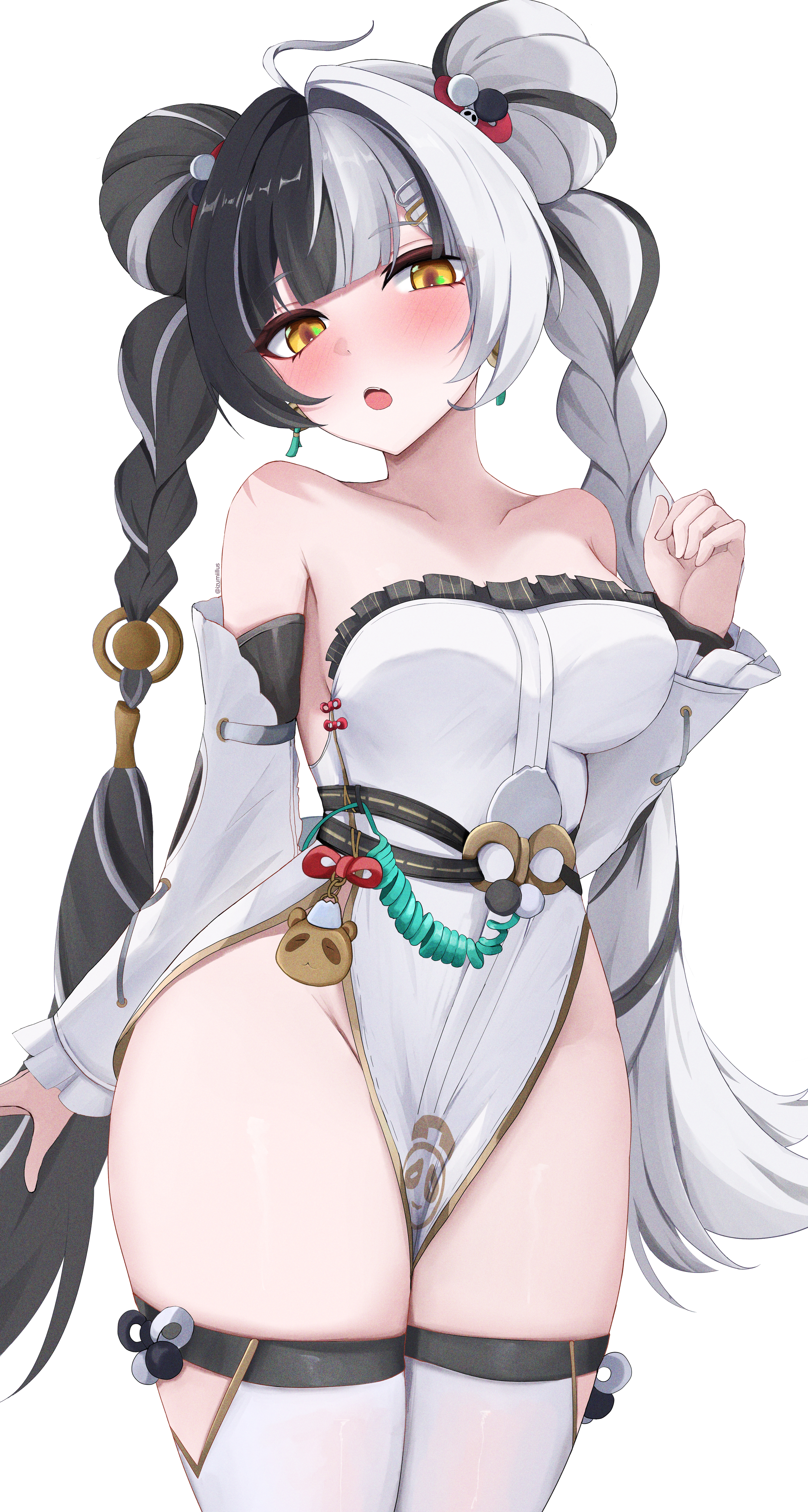 :o, absurdres, adapted costume, ahoge, arm behind back, bare shoulders, black hair, blunt bangs, blush, braid, breasts, clenched hand, collarbone, cowboy shot, detached sleeves, dialyn (zenless zone zero), double bun, dress, earrings, female, frilled dress, frilled sleeves, frills, groin, hair bun, hair extensions, hair ornament, hairclip, hand up, highres, izumiillus, jewelry, long hair, long sleeves, looking at viewer, medium breasts, multicolored hair, open mouth, paid reward available, pelvic curtain, ring hair extensions, simple background, sleeves past wrists, solo, split-color hair, standing, strapless, strapless dress, teeth, thighhighs, twin braids, twintails, twitter username, two-tone hair, upper teeth only, very long hair, white background, white dress, white hair, white thighhighs, yellow eyes, zenless zone zero