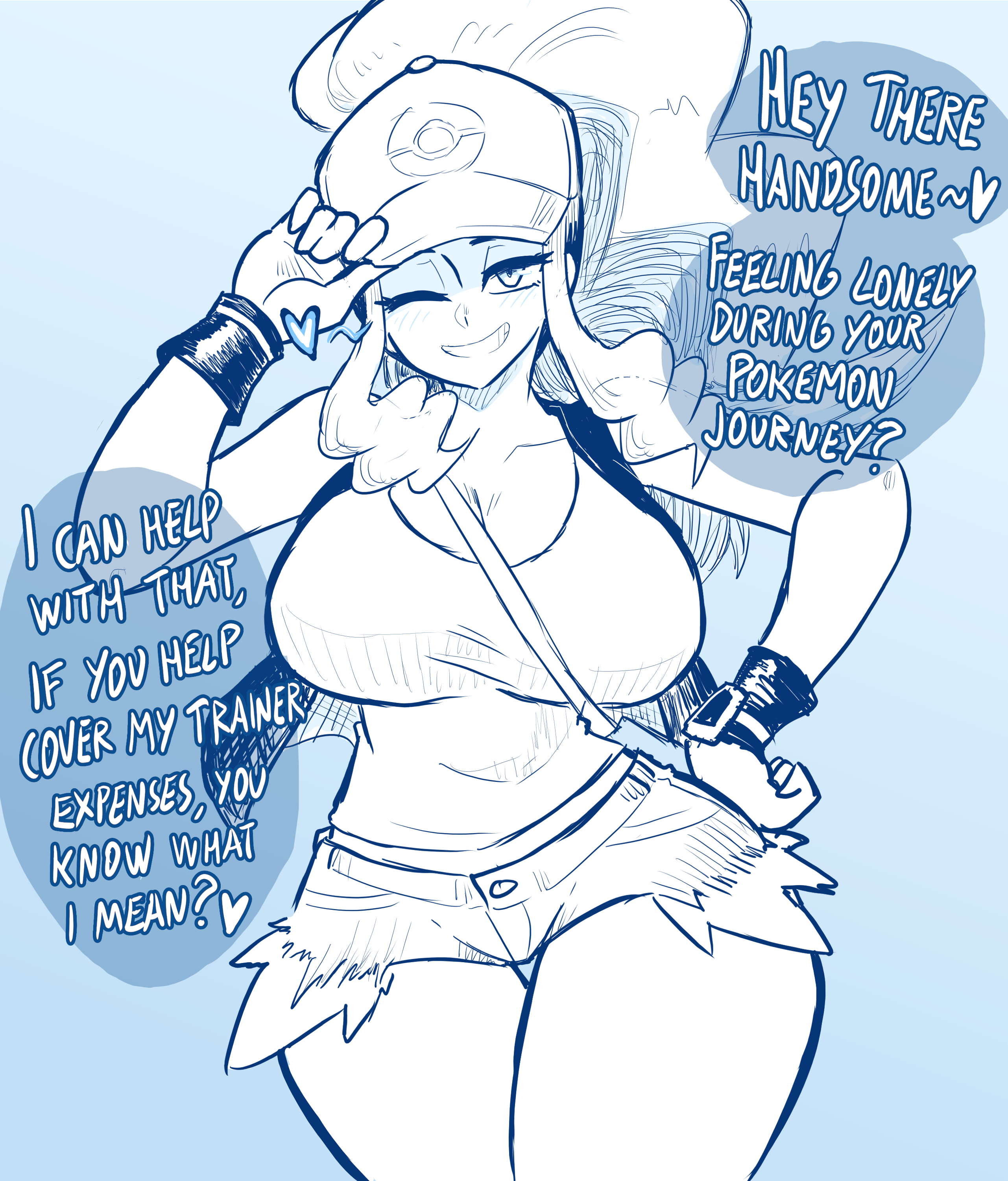 1girls, big breasts, hat, hilda (pokemon), pokemon, prostitution, shorts, sketch, smug, suggestive, tank top, text, text bubble, vkid, wide hips