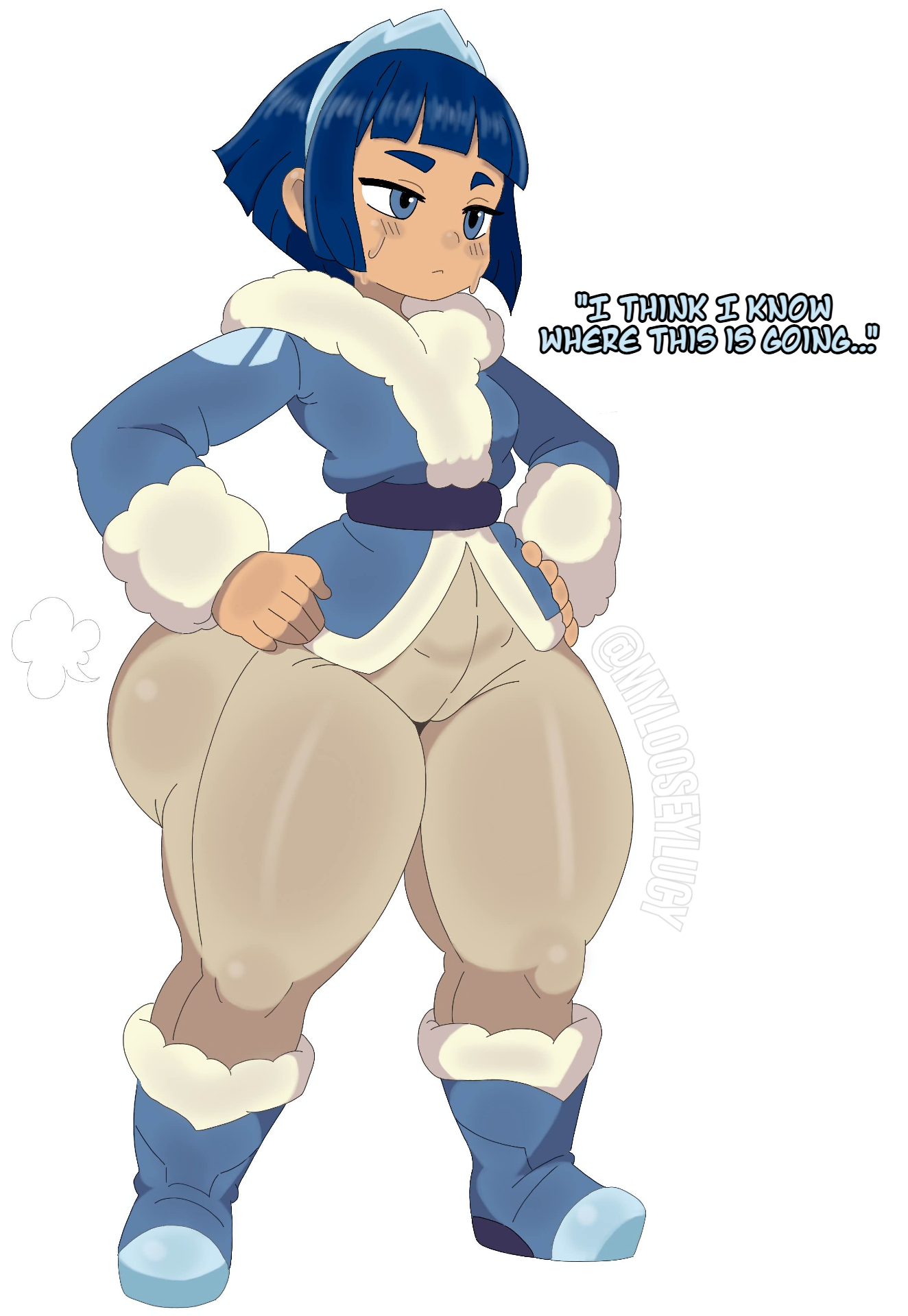 ass, blue eyes, blue hair, frosta, mylooseylucy, she-ra and the princesses of power, text, thick ass, thick thighs