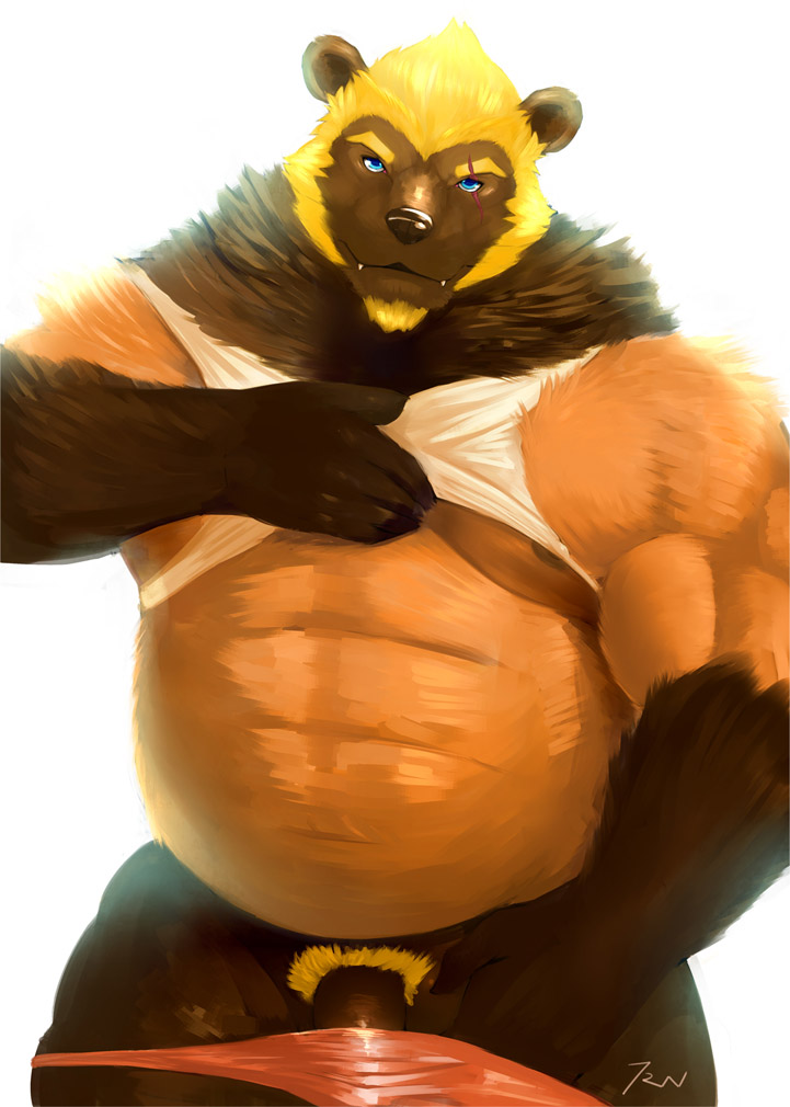 1boy anthro beefy biceps black_nose blue_eyes body_fur brown_fur chubby claws clothing dick_root facial_hair facial_scar fangs fluffy_fur fur furry furry_only goatee gut humanoid_penis iceman1984 kuzuri looking_at_viewer male male_nipples male_only male_pubic_hair male_thong musclegut muscles muscular_male mustelid orange_fur penis plain_background scar semi-erect shirt sideburns smooth_penis solo tank_top teeth underwear underwear_down undressing wolverine