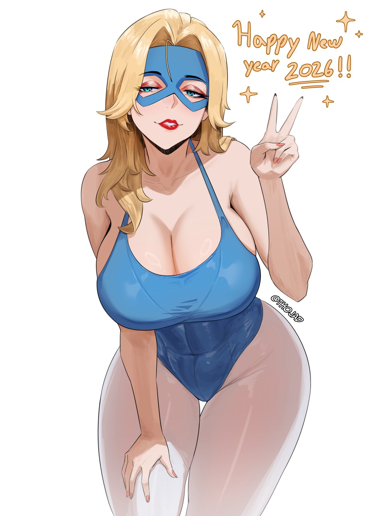 1girl, 2026, areola slip, ass, blonde blazer, blonde hair, blue eyes, blue leotard, blue mask, blush, breasts, cleavage, clothing cutout, collarbone, commentary, covered navel, cowboy shot, dispatch, dispatch (game), eye mask, eyelashes, eyeshadow, female, gloves, green eyes, hand on own thigh, happy new year, highleg, highres, large breasts, leotard, lips, long hair, looking at viewer, makeup, mask, nose, one-piece swimsuit, pantyhose, parted lips, sideboob, sidelocks, simple background, smile, solo, standing, star cutout, superhero costume, swimsuit, thojad, toned, toned female, twitter username, v, white background, white pantyhose