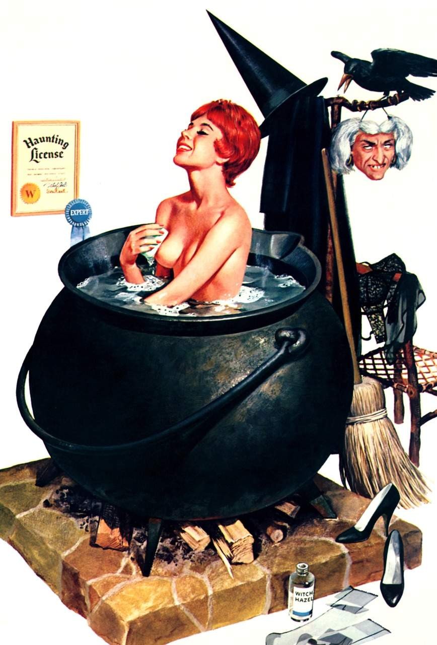 1960s 1964 1girls 20th_century 60s bath breasts cauldron female female_only halloween high_heels nude original pinup pinup_girl red_hair ren_wicks solo straight_hair uniform vintage witch