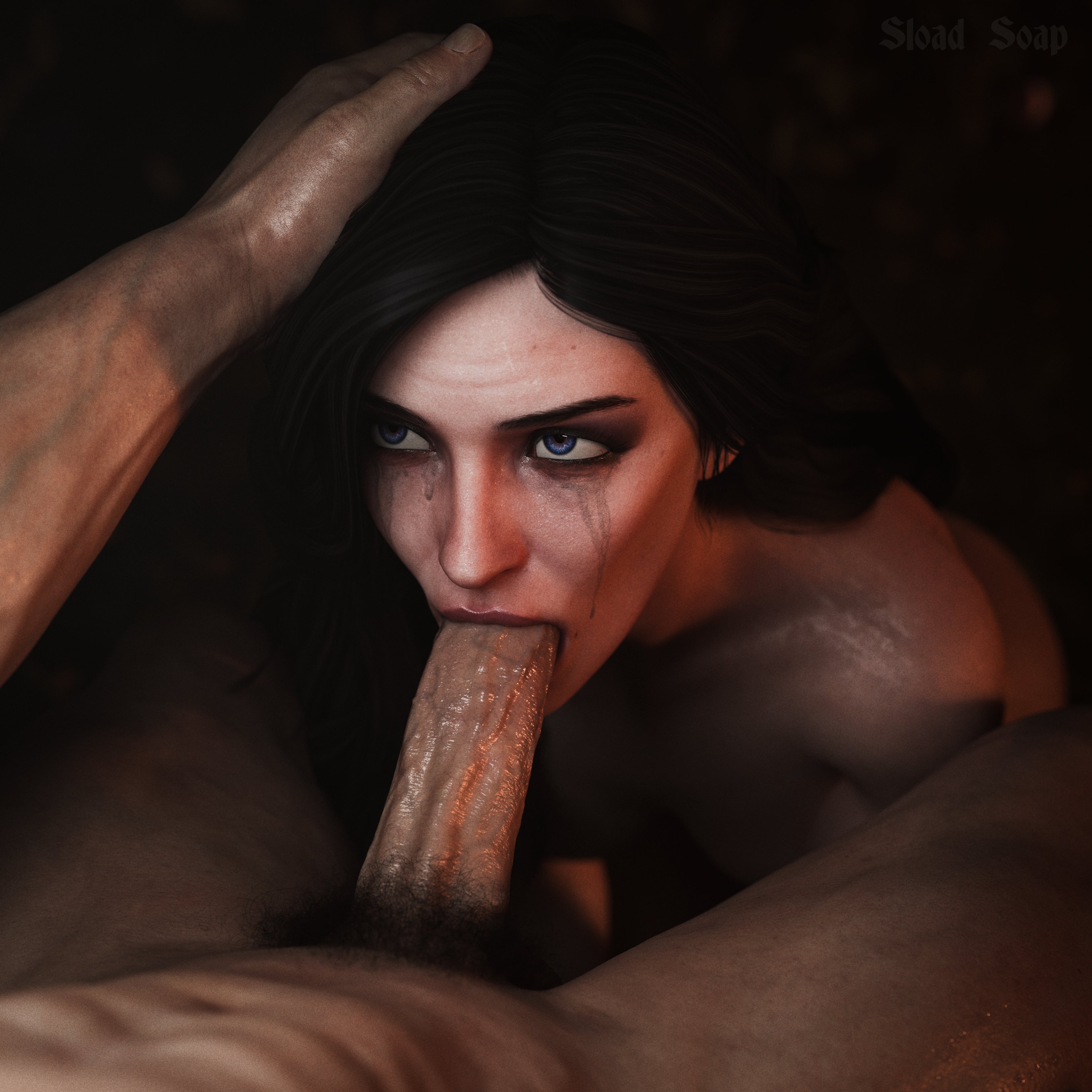 3d, big penis, black hair, blowjob, breasts, cd projekt red, completely nude, fellatio, female, head grab, light skin, light-skinned female, light-skinned male, looking at partner, male, mascara, mascara tears, nude, oral, oral sex, penis, purple eyes, sload soap, sucking penis, the witcher (series), the witcher 3: wild hunt, yennefer
