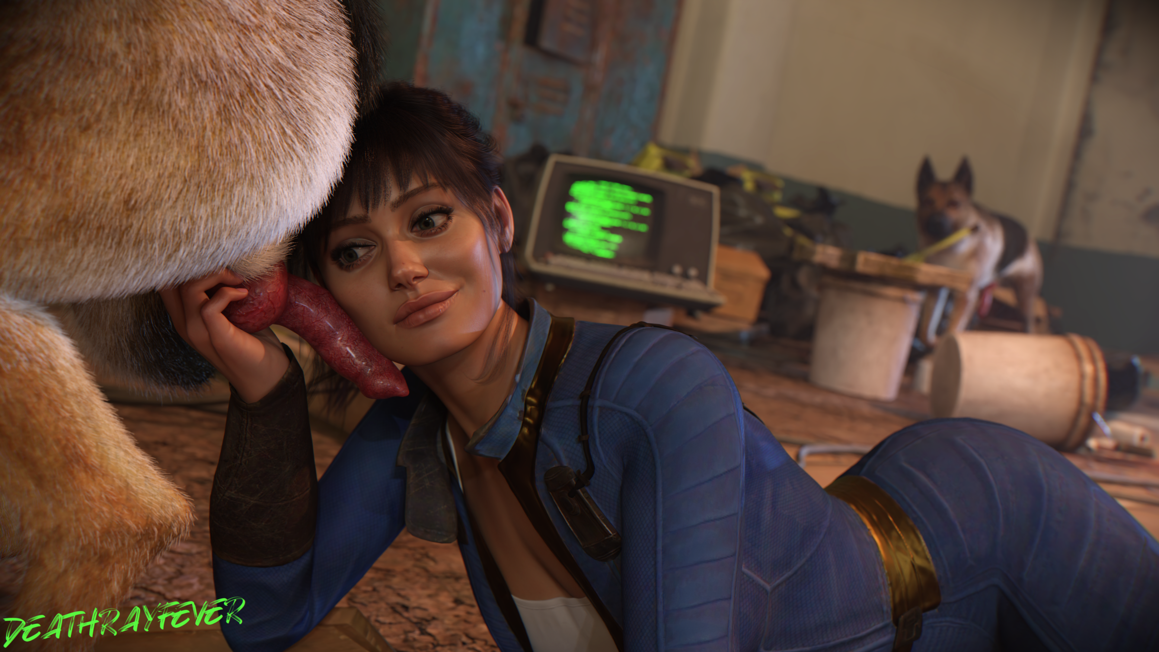 1girls, 2boys, 3d, absurd res, ass, bethesda softworks, canine on human, canine penis, clothed, clothed sex, dark hair, deathrayfever, domestic dog, ella purnell, fallout, fallout (series), fallout (tv series), female on feral, feral, feral on female, feral on human, holding penis, human female, human on feral, imminent bestiality, imminent sex, knot, looking at partner, lucy maclean, lying, lying down, lying on stomach, ponytail, teasing, vault suit, zoophilia