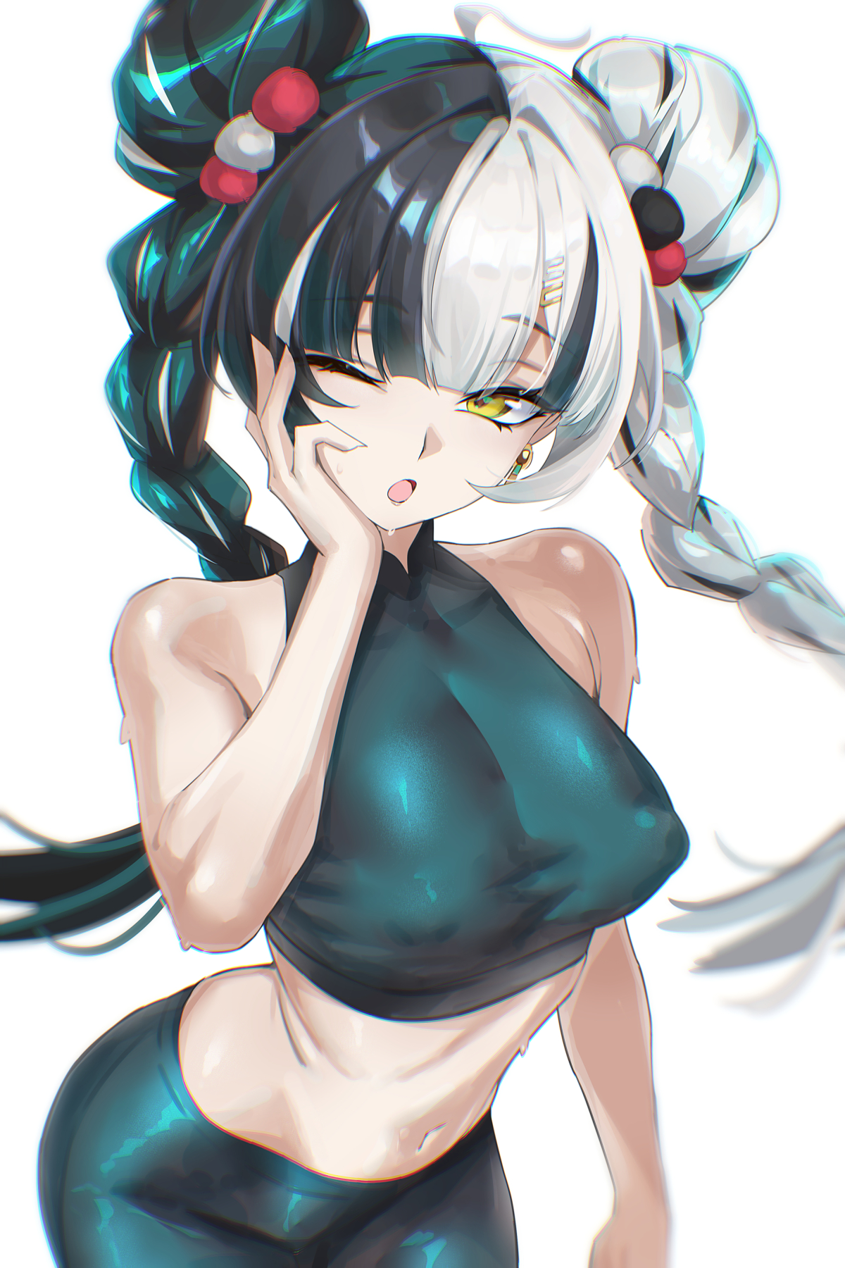 1girls, alternate costume, aqua pants, aqua sports bra, black hair, braid, braided twintails, breasts, commentary, covered nipples, dialyn (zenless zone zero), ei (eiei e1), female, female only, highres, large breasts, looking at viewer, multicolored hair, navel, one eye closed, open mouth, pants, simple background, solo, split-color hair, sports bra, stomach, two-tone hair, white background, white hair, yellow eyes, yoga pants, zenless zone zero