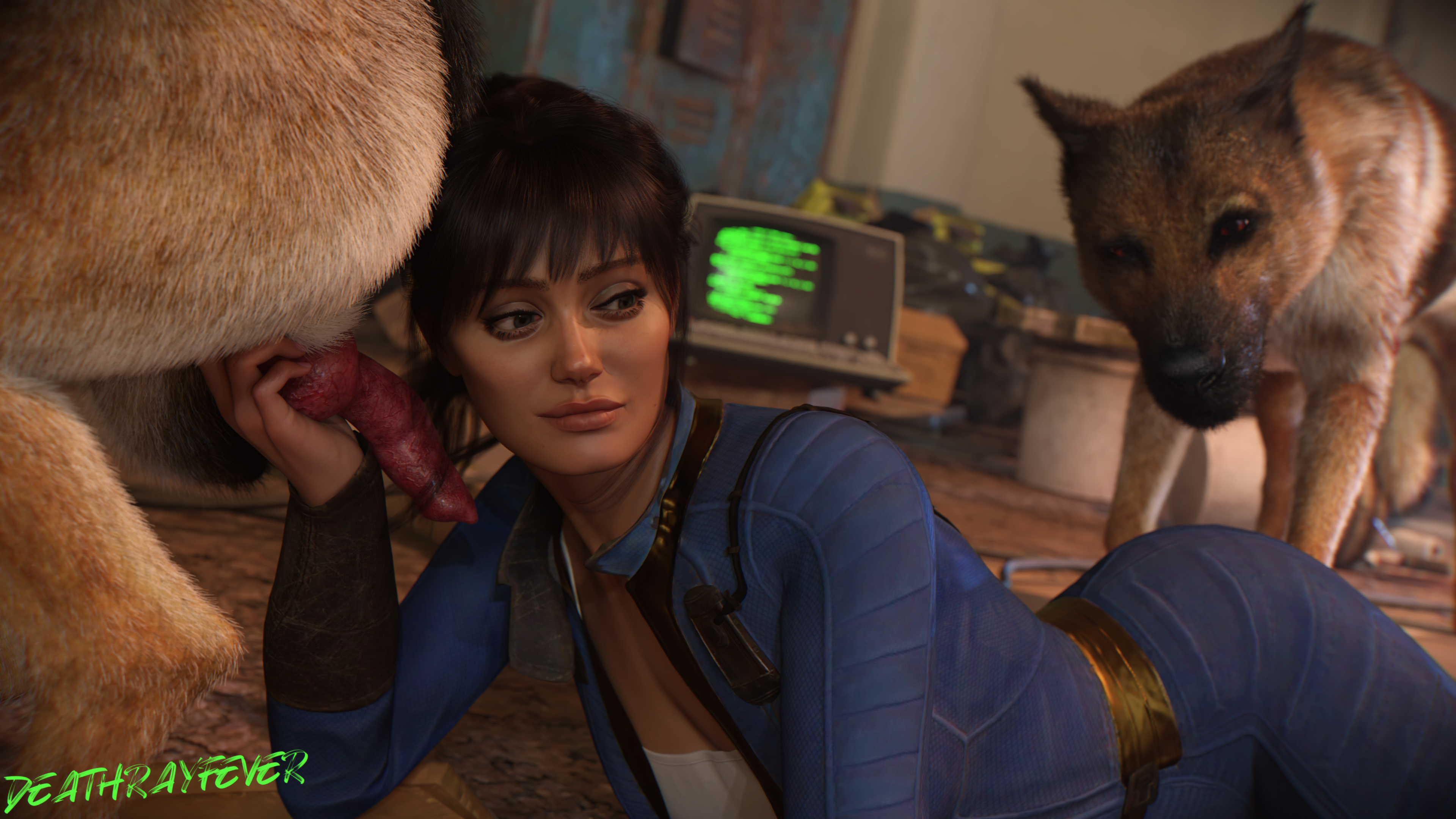 1girls, 2boys, 3d, absurd res, ass, bethesda softworks, canine, canine on human, canine penis, clothed, clothed sex, dark hair, deathrayfever, domestic dog, ella purnell, fallout, fallout (series), fallout (tv series), female on feral, feral, feral on female, feral on human, holding penis, human female, human on feral, imminent bestiality, imminent sex, imminent threesome, knot, looking at partner, lucy maclean, lying, lying down, lying on stomach, ponytail, teasing, vault suit, zoophilia